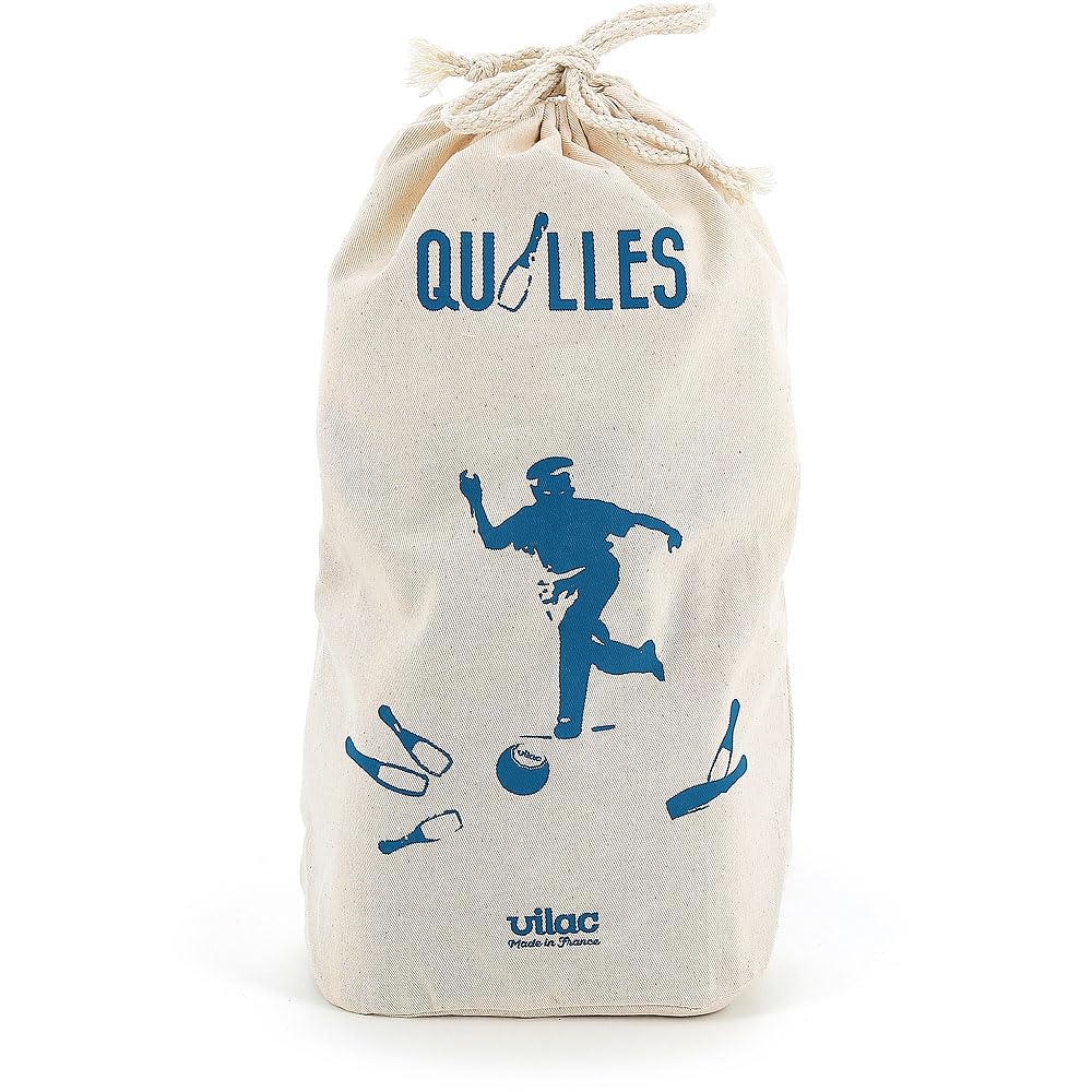 Vilac - 6 Quilles de Bowling Retro - Bicolores - Jeu de Plein Air - Jeu d'Adresse et de Précision en Bois - Jeu d'Ambiance - 2 Boules - Sac de Rangement en Coton