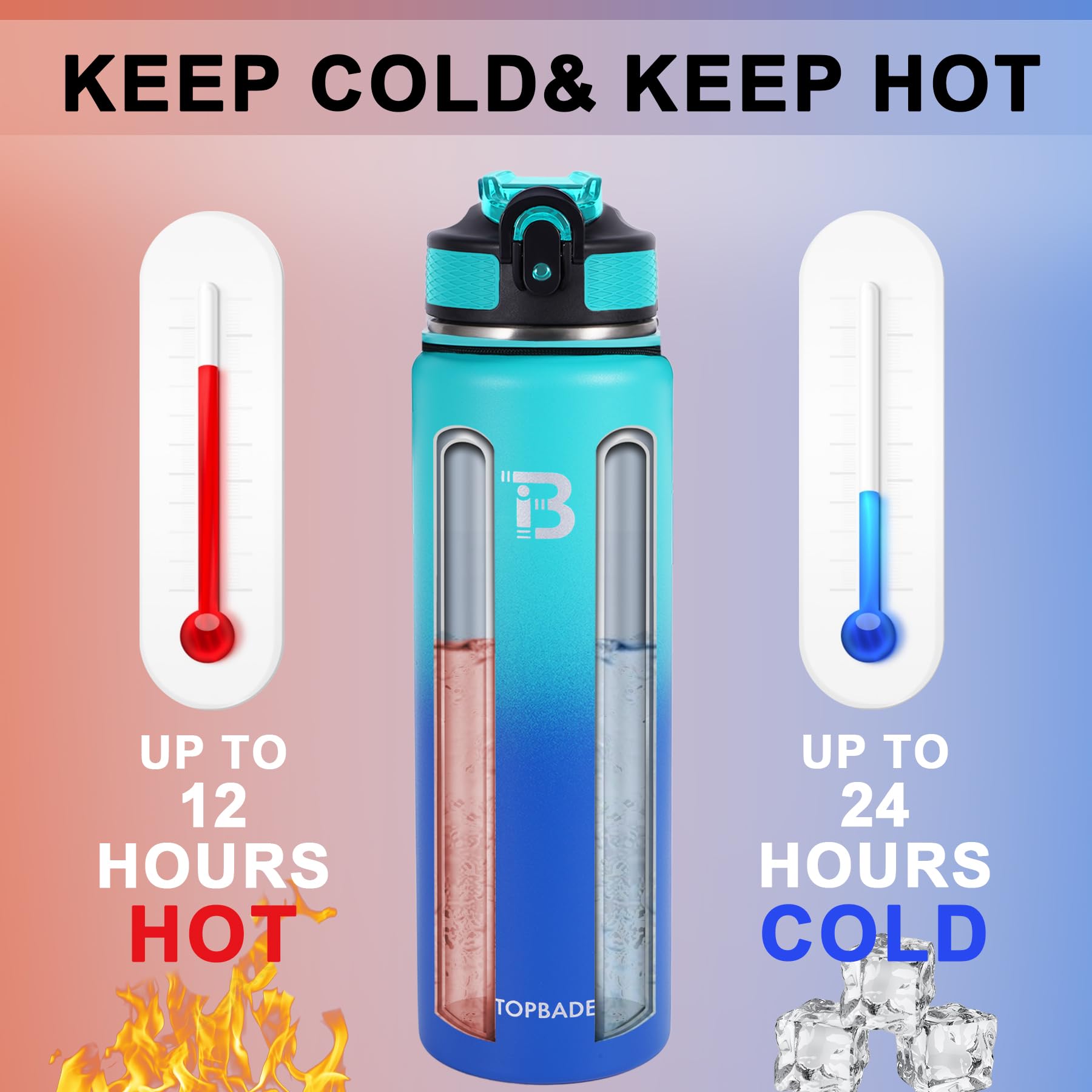 TOPBADE 1000 ml Borraccia Termica con 2 Coperchi (Cannuccia & no Cannuccia), 1L Bottiglia Termica con Manico Paracord Senza BPA/Senza Perdite Borracce Acciaio Inox per Scuola, Sport, Palestra