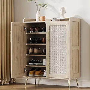 Rattan Shoe Cabinet, 5-Tier Shoe Storage Cabinet with Doors, 2 Adjustable Shelves and Heavy Duty Metal Legs, Farmhouse Shoes Organizer for Entryway Hallway Living Room, Oak
