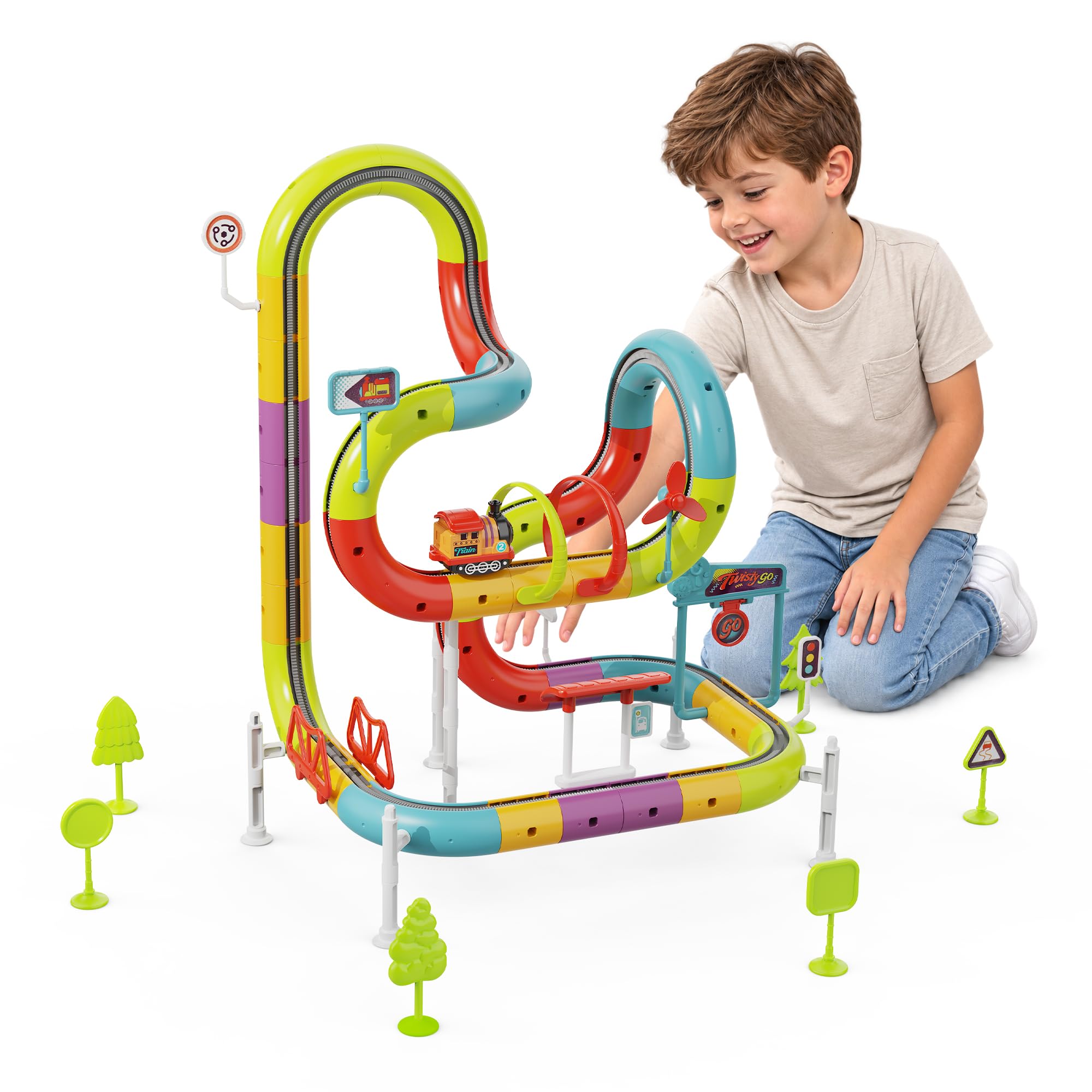 Electric Train Set for Kids, 72Pcs 3D Magic Flexible Race Track with Train Track Fusion Toy, Gravity-Defying Train Track Rail Building Toys for 3-10 Years Old Boys Girls