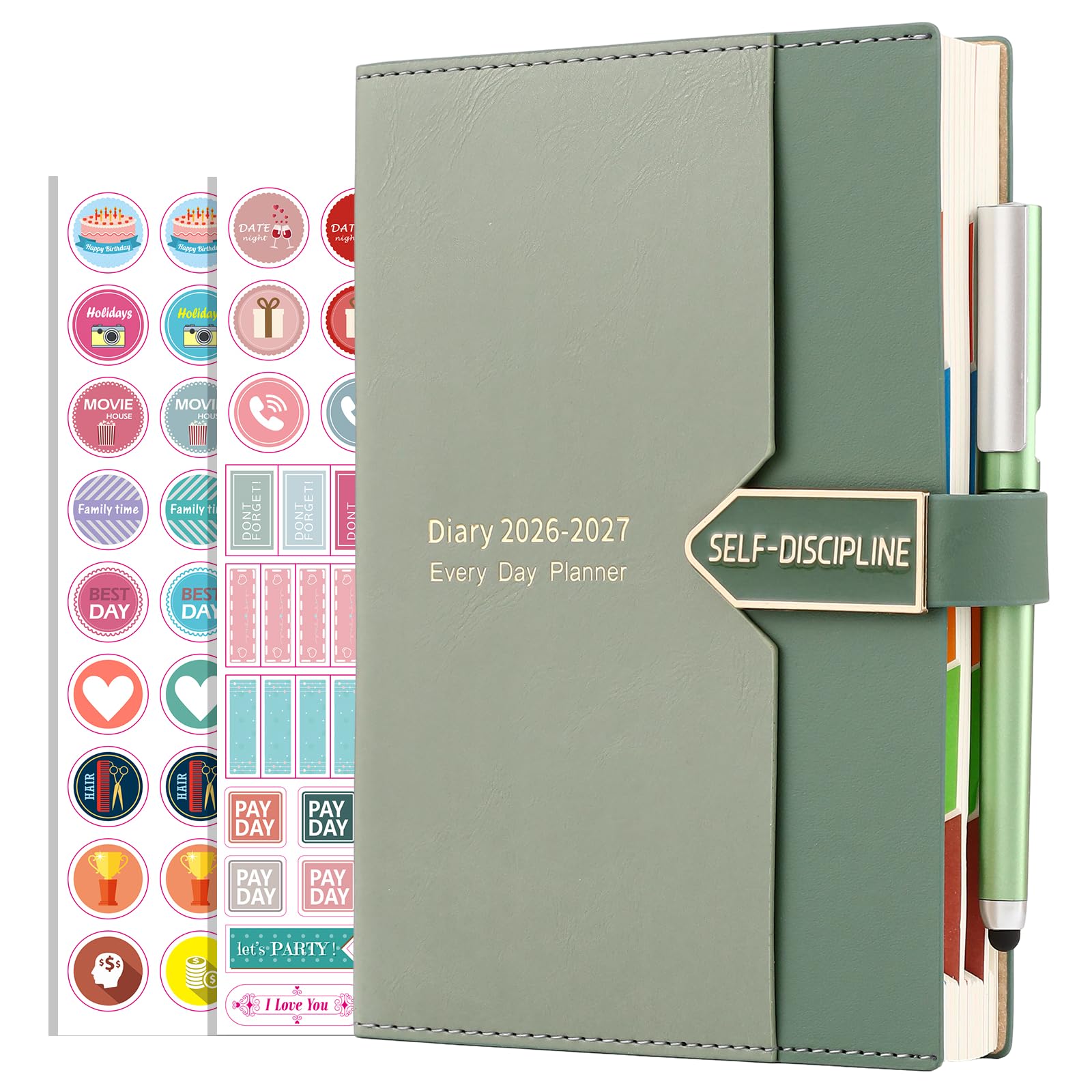 Mljtoyo Academic Diary 2026-2027 A5 Page a Day, Mid Year Daily Planner Organiser with Monthly View, Aug 2026 - Aug 2027, Hardcover, Colorful sideTabs, Pen Set, 3Bookmarks,Pocket,Green