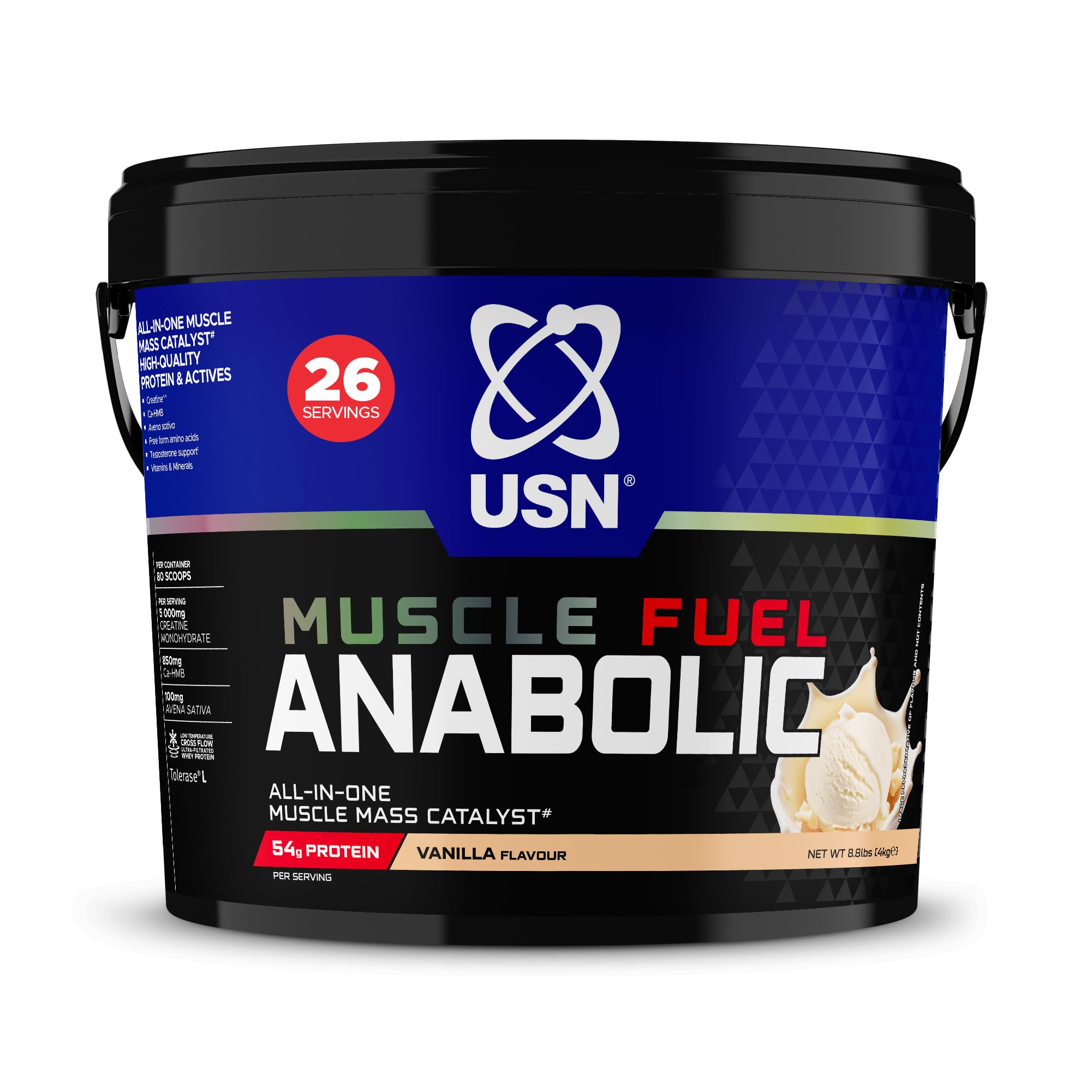 USN Muscle Fuel Anabolic All-In-One Muscle Mass Gainer, Vanilla Flavour - 4kg, 54g Protein Powder, 5g Creatine Powder & 5g BCAA Powder For Maximum Muscle Growth, Post Workout Recovery Drink Mix