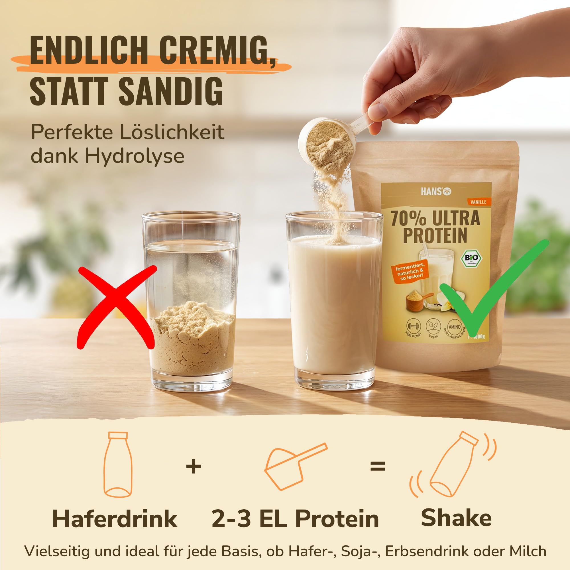 HANS Brainfood Veganes Proteinpulver Vanille - Bio Zertifiziert aus Bayern – 70% fermentiertes Erbsenprotein ohne Süßungsmittel, cremig & gut löslich – Protein Pulver vegan, 1kg