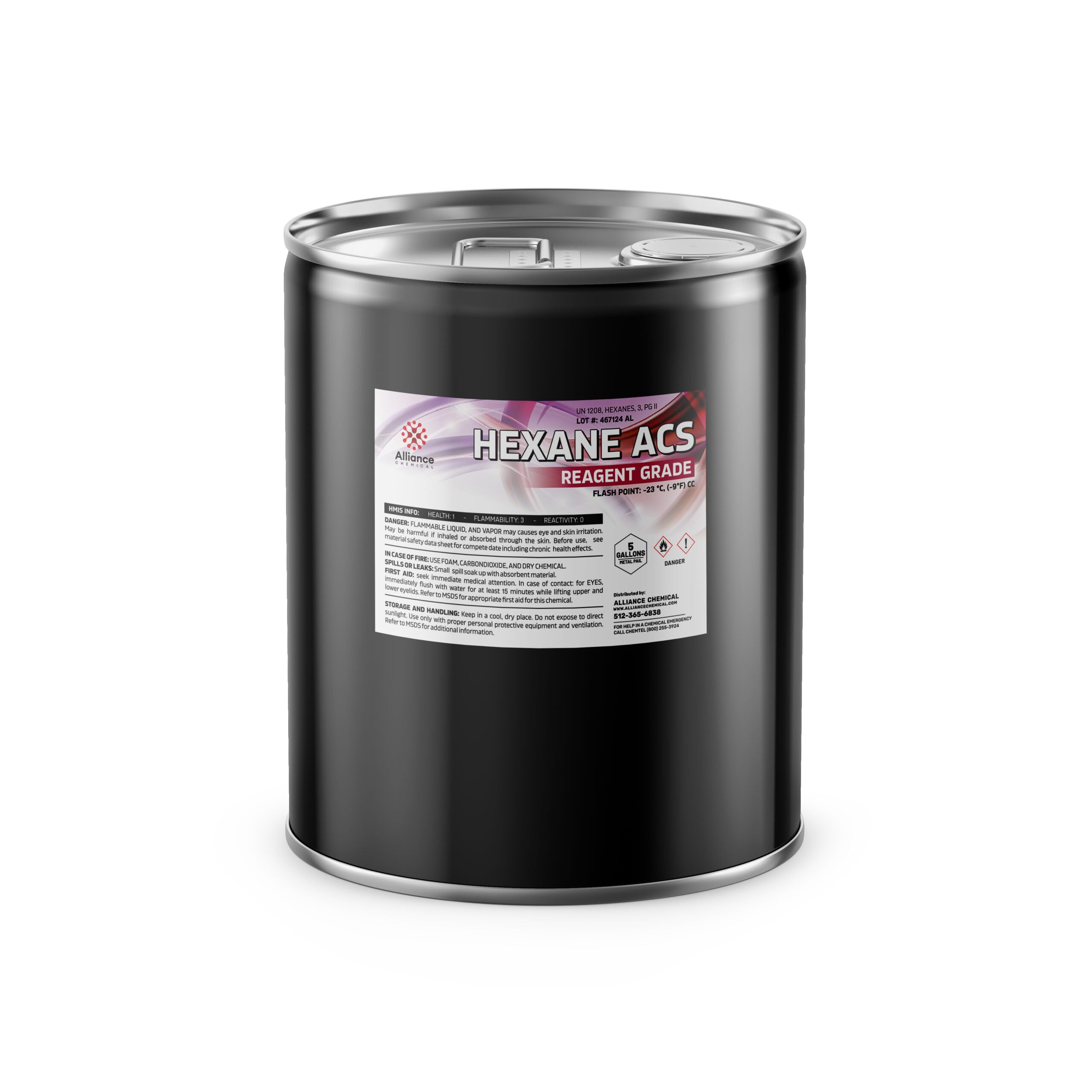 Hexane - ACS Reagent Grade - 5 Gallon Pail - Extraction, Cleaning Agent, Lab Use, Glues, Roofing, Leather - Domestically Sourced Chemical - Made in