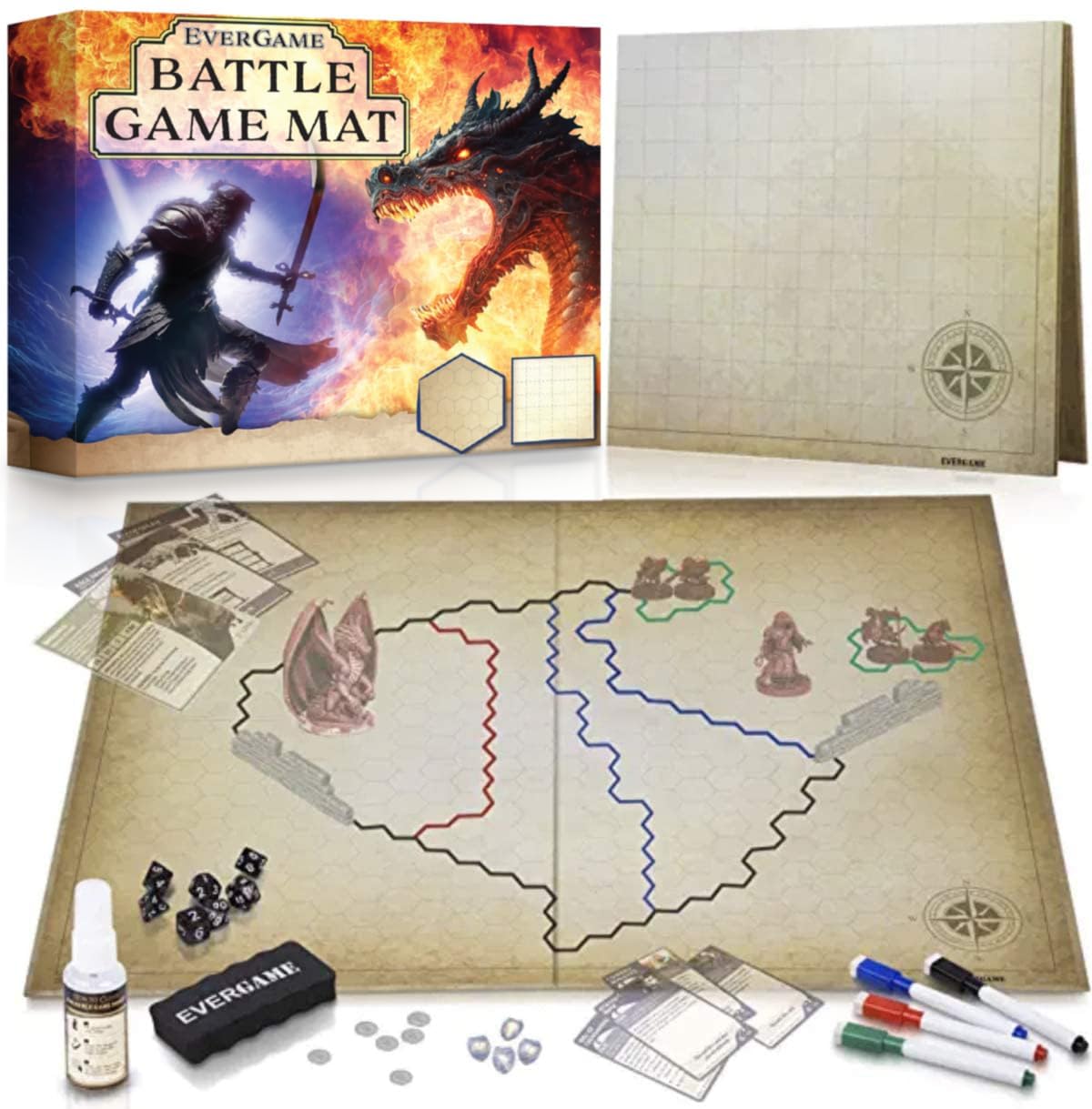 Dungeons & Dragons Game Mat - 23x27 - Ultimate DND Board Game Map w/Dice Set - Double-Sided w/Hex & Square Grid - Epic Role Playing Gaming Experience