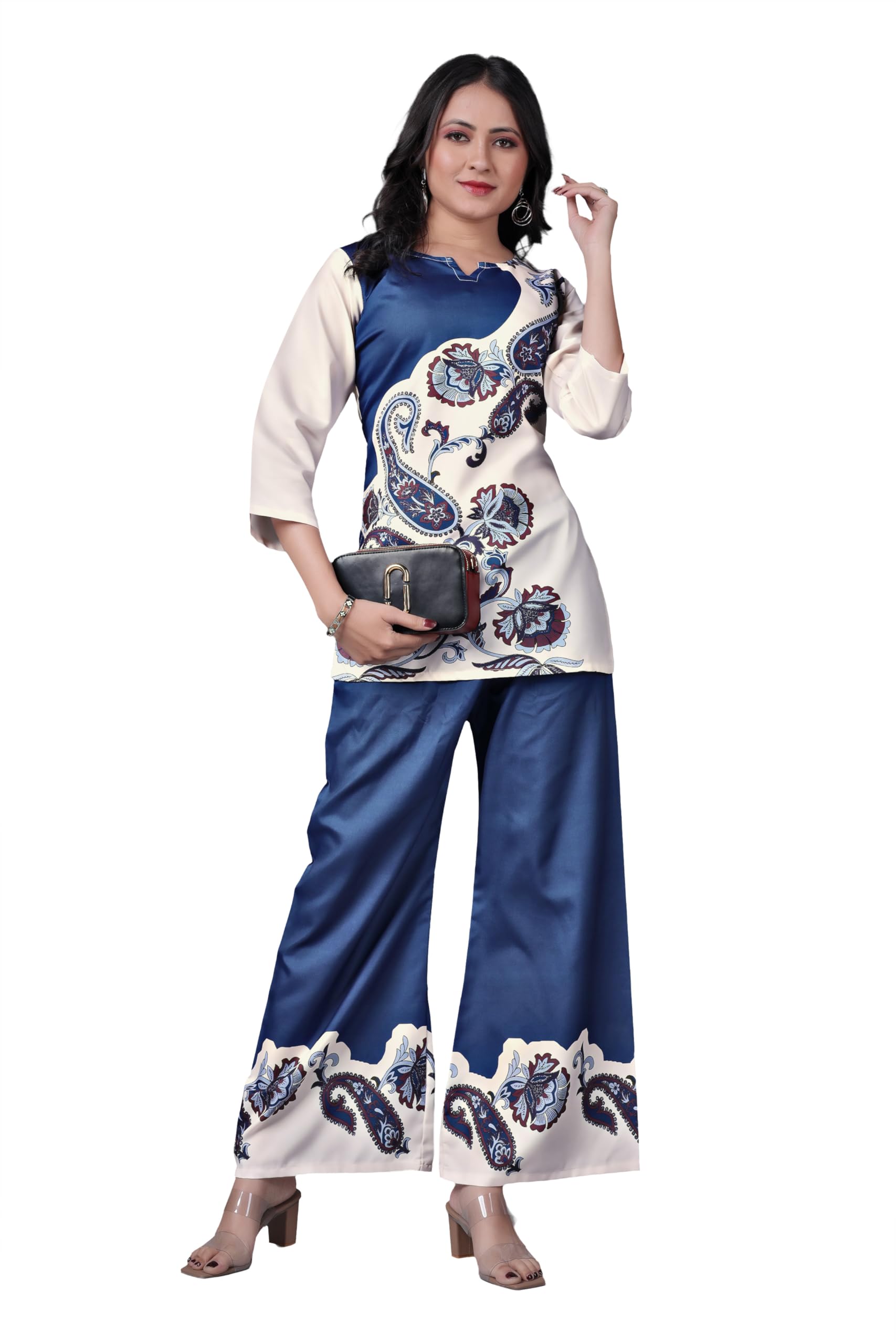 creozyra Elegant Pure Cotton Silk Co-ord Set for Women – Breathable Floral Print Top and Flared Pants – Soft Two-Piece Set-picture-46