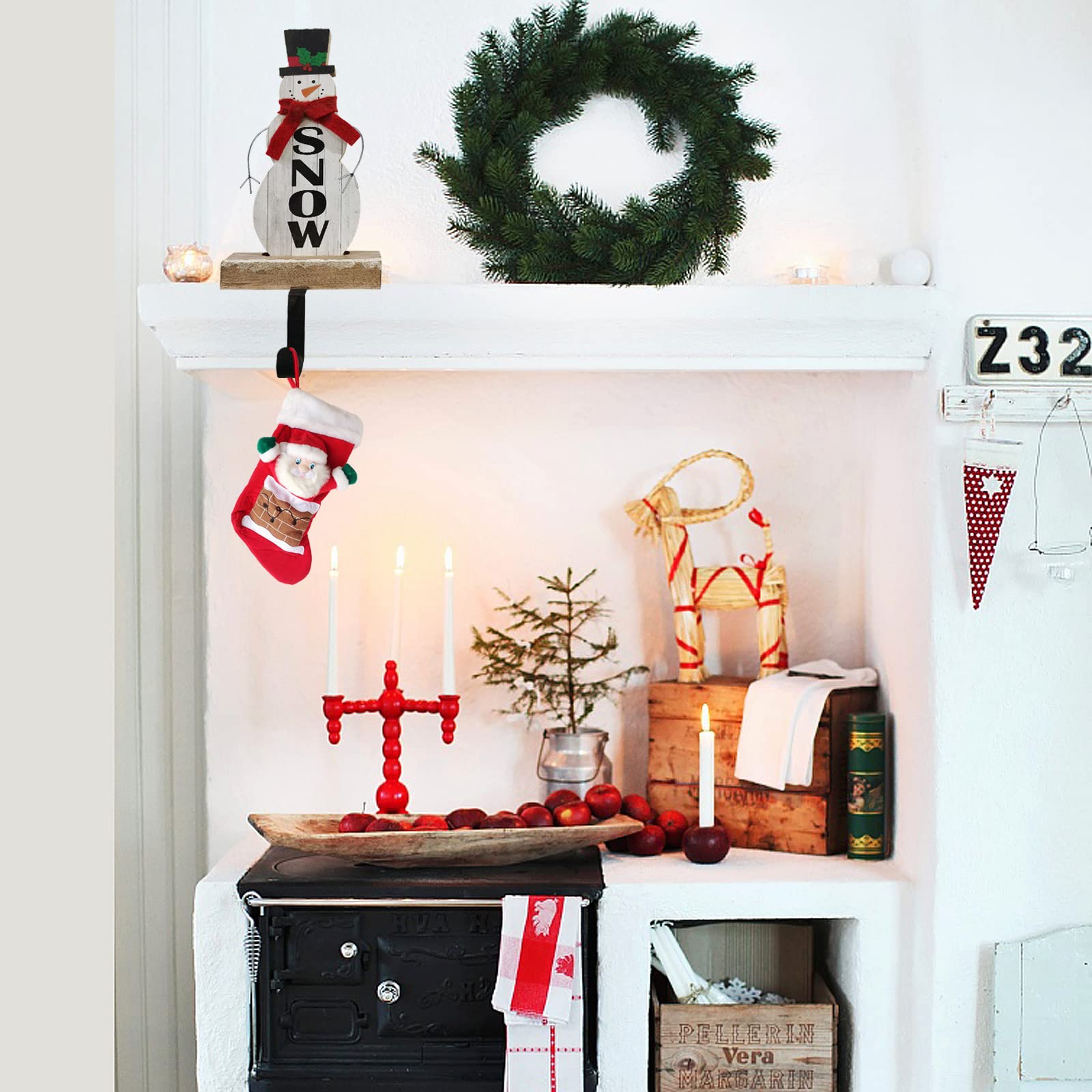 Decoración de muñeco de nieve Soporte de calcetín de Navidad decorativo de madera Letrero de Navidad Figurita de muñecos de nieve Adornos de invierno Percha para Mantel Chimenea Decoración de mesa