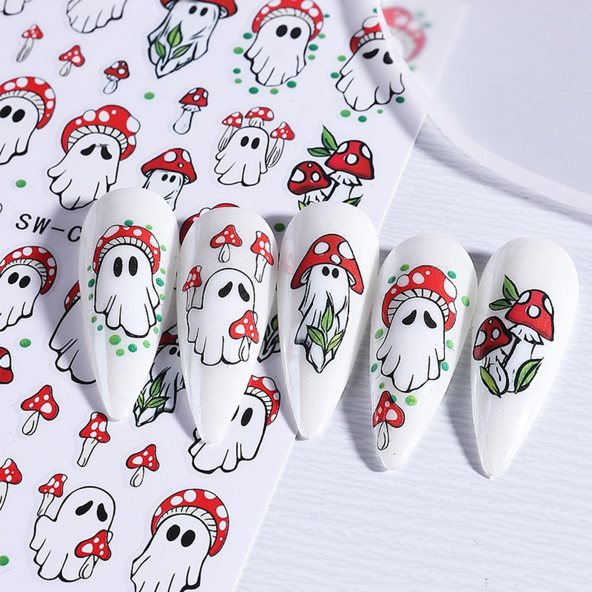 2 Sheets Halloween Nail Stickers for Nail Art - 3D Self Adhesive Ghost Nail Decals Cartoon Red Mushroom Nail Art Stickers Manicure Supplies Design Nail Decals for Women Nails Decoration