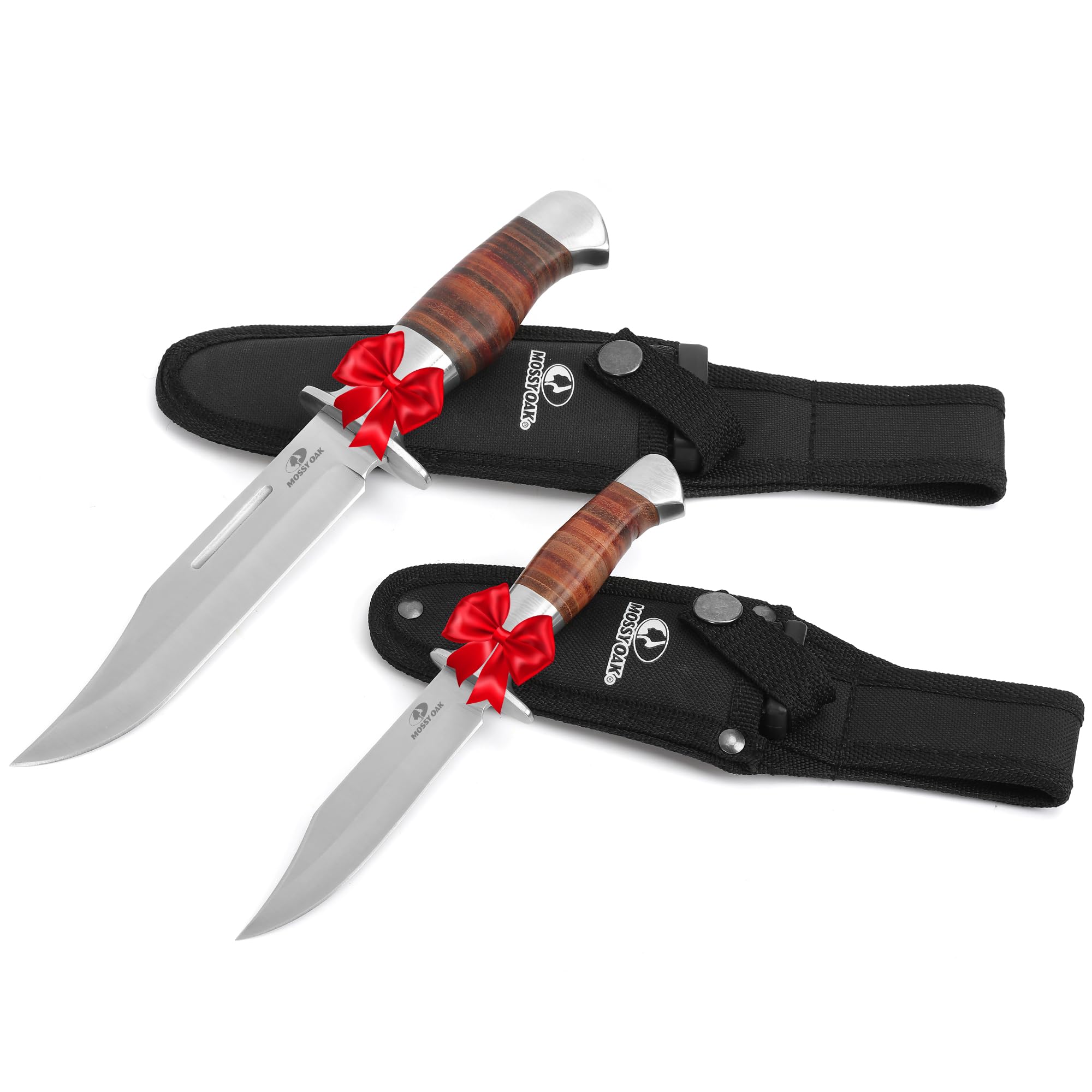 Mossy Oak Fixed Blade Bowie Knife, 2-piece Hunting Knife with Leather Handle Featuring Laser Pattern, Sheath Included