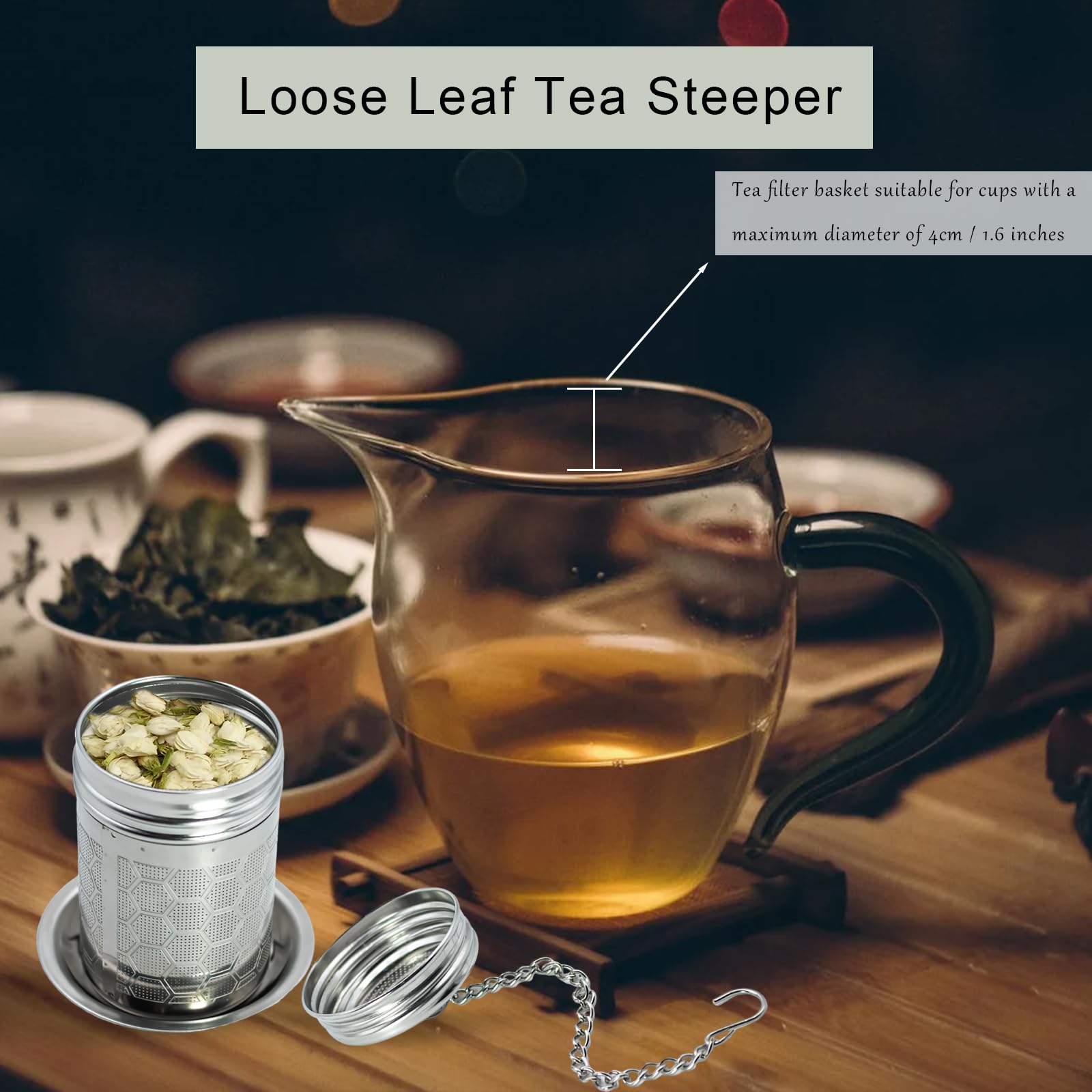 Infusor de té para té suelto, acero inoxidable, hojas sueltas, colador de té de malla fina con cadena larga y 1 bandeja de goteo, jarra infusora de té caliente para té suelto, té de hierbas,