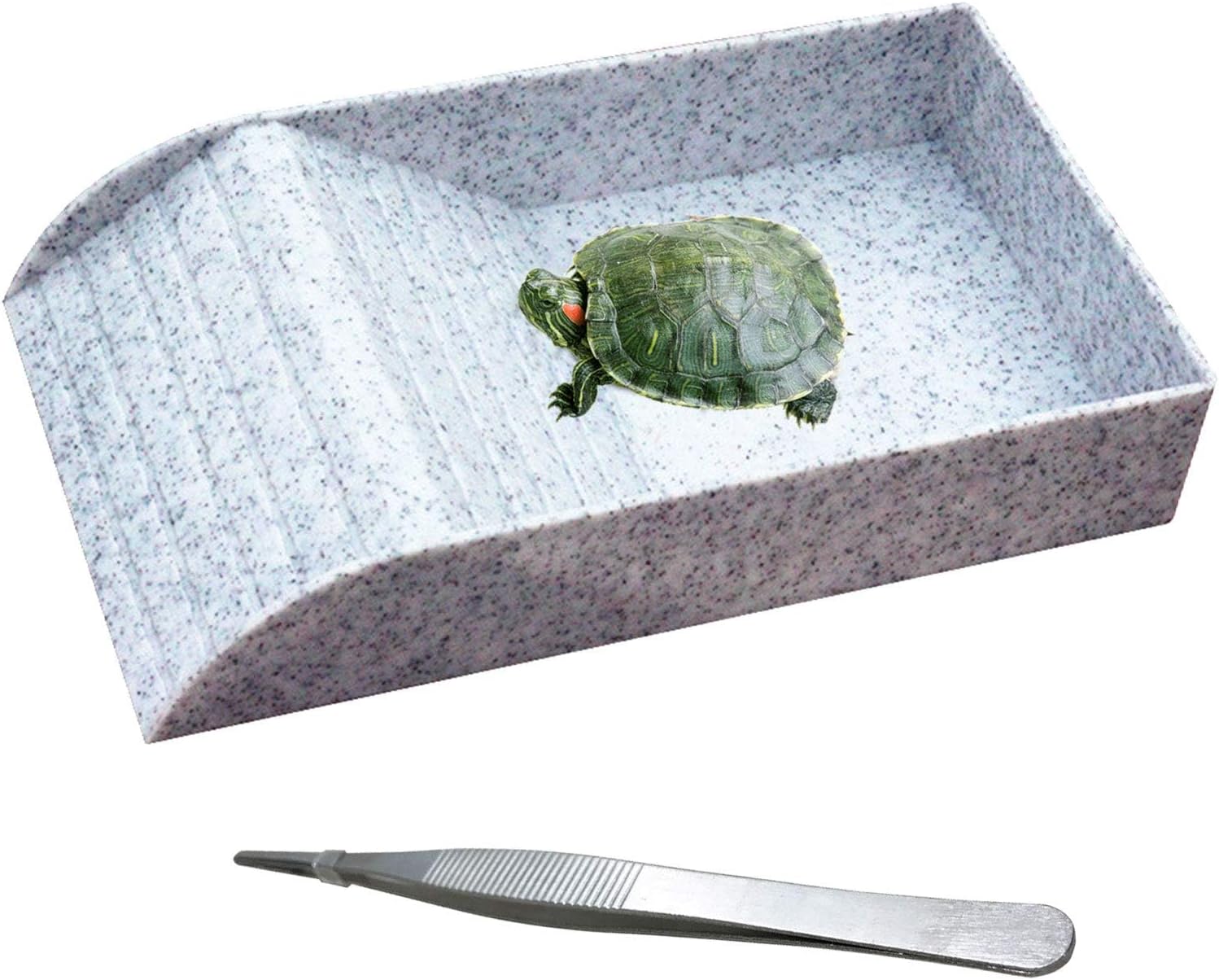 kathson Reptile Tortoise Turtle Feeding Dish with Ramp and Basking Platform Plastic Turtle Food and Water Bowl Also Fit for Bath Horned Frogs Lizards Amphibians(White, Emulational Granite)
