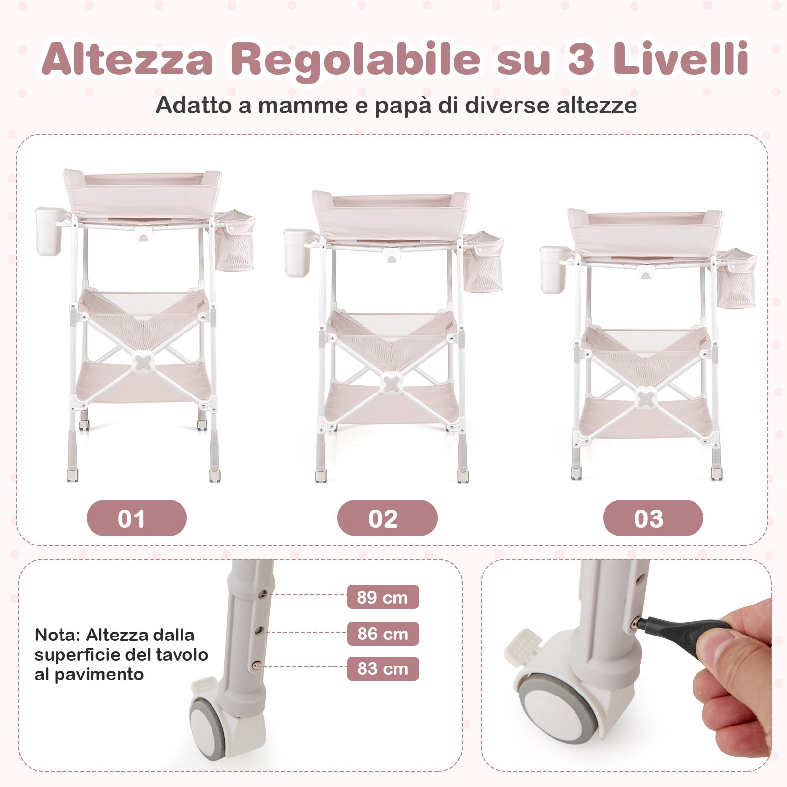 COSTWAY Fasciatoio Pieghevole Neonato, Fasciatoio Portatile con Altezza Regolabile, Comodino per Pannolini con Ruote di Bloccabili, 2 Ripiani, Porta Asciugamani, Cestino di Rifiuti (Beige)
