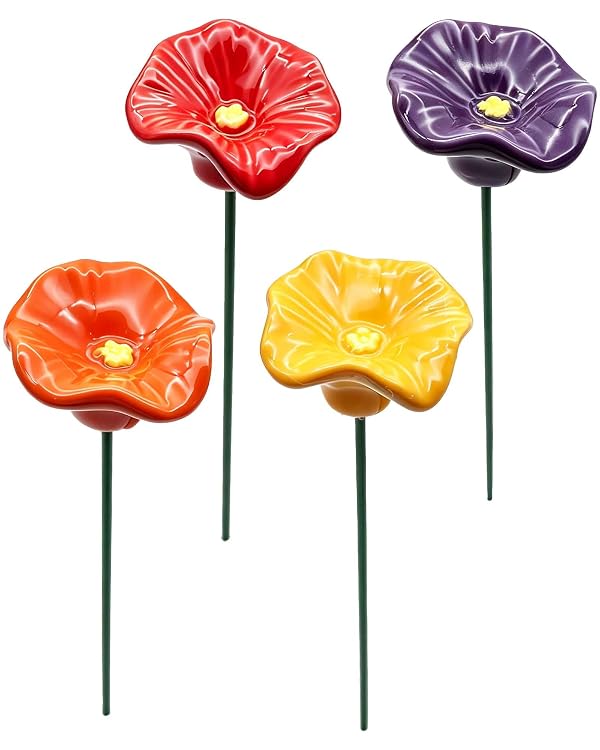 LUANTUO 4 Pack Mini Ceramic Flower Bird Bath Stake, Wild Bird Water Station by LUANTUO - Used condition - US$14.87