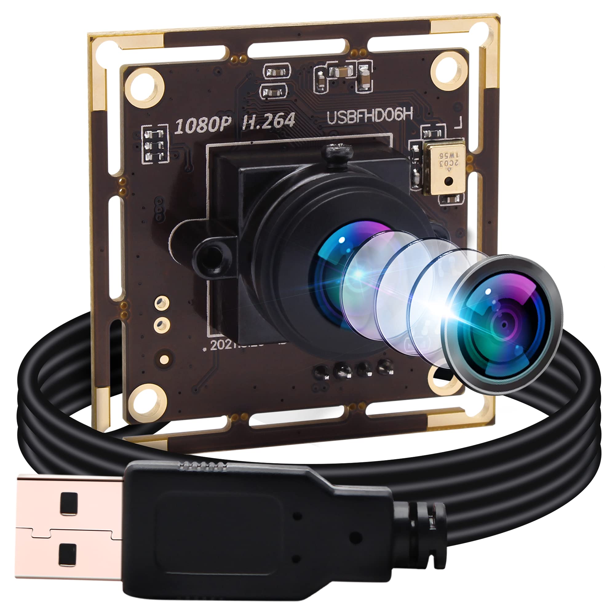 ELP Cámara web de 1080P con micrófono, sensor IMX323, módulo de cámara USB Full HD H.264, Plug and Play, cámara web de 2 megapíxeles 30FPS gran angular de baja iluminación USBFHD06H-L180