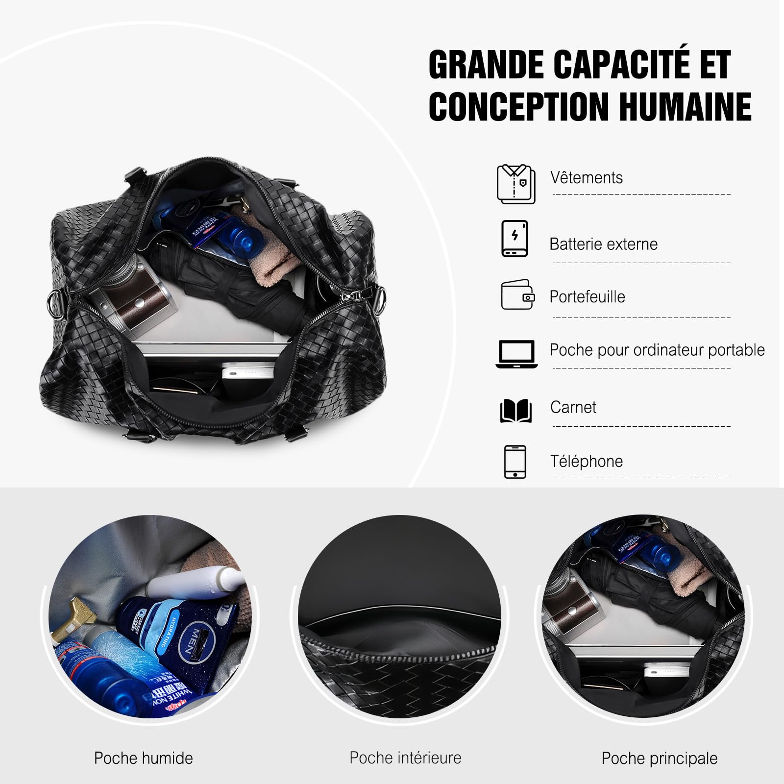 FANDARE Sac de Voyage pour Femme Homme Sac de Bagage à Main PU Cuir Tissé Sacs de Sport Grand Format Sacs bandoulière Weekend d'Hôpital Sport de Gym avec Compartiment Humide/Sec PU Cuir Marron