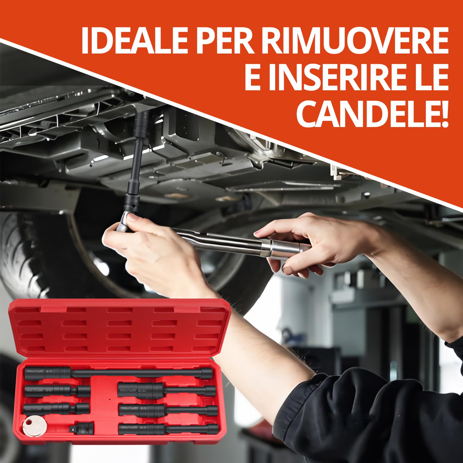 GETLITOOL Set 6pz Chiavi Candele 14/16 mm con Adattatore 1/2" a 3/8" e Spessimetro, 6X Bussole Lunghe per Candelette Auto 10/15/28 cm Chiave Magnetica Girevole 360° in CVR con Valigetta