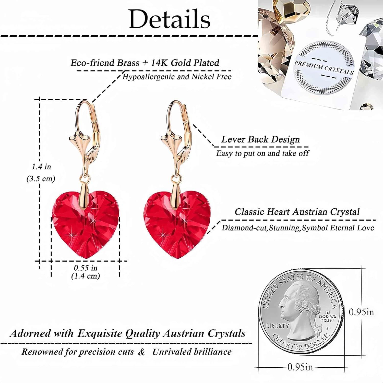 Austrian Crystal Heart Drop Leverback Earrings for Women Fashion Dangle Earring 14K Rose Gold Plated Hypoallergenic Jewelry - Image 4