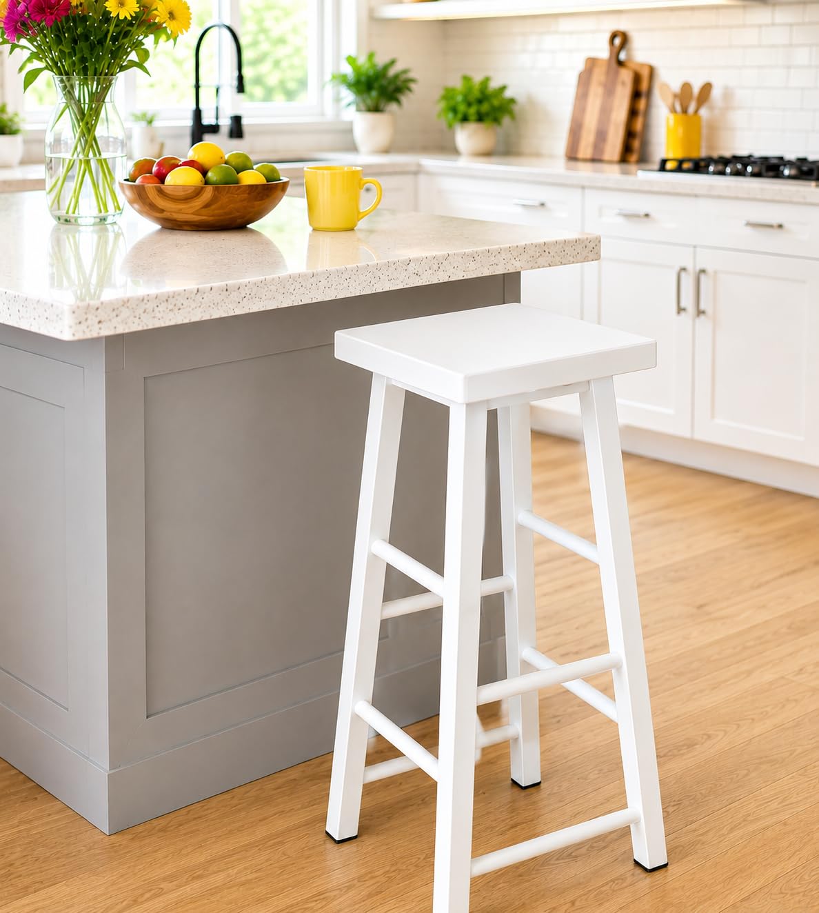 64171 Breakfast Stool/Kitchen Counter Bar Stool with Metal seat and White Frame/High Stool for Cafe, Home and Office - White-picture-20