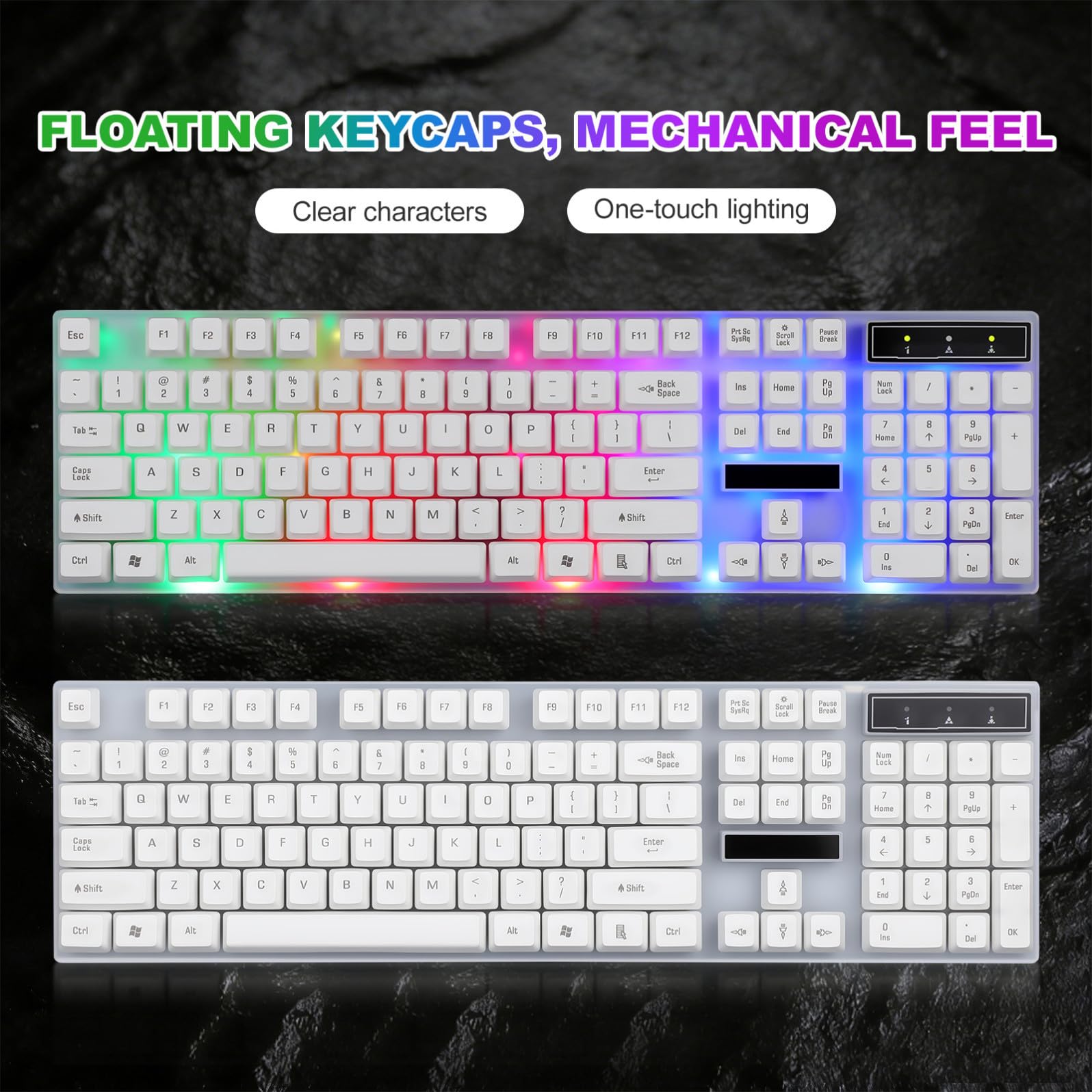 Uonlytech Set Tastiera Bianca Cablata Mouse Ergonomico Usb, Tastiera 104 Tasti in Abs Design a Tasti Flottanti per Accessori Computer Gaming