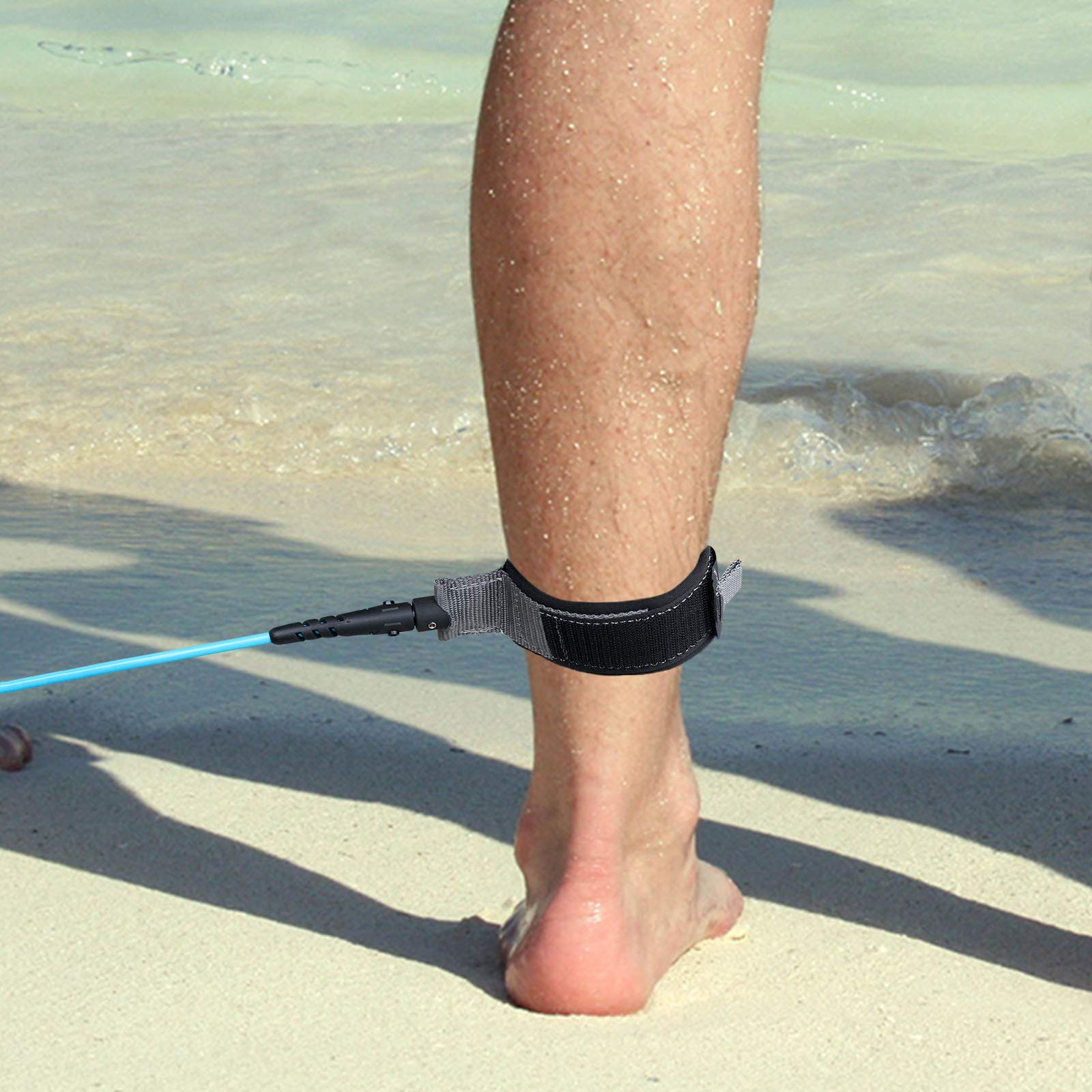 Laisse de planche de surf de 7 mm, corde droite en polyuréthane, 3 couches d'autocollants magiques de qualité supérieure, avec double tête rotative en acier inoxydable (bleu et gris)