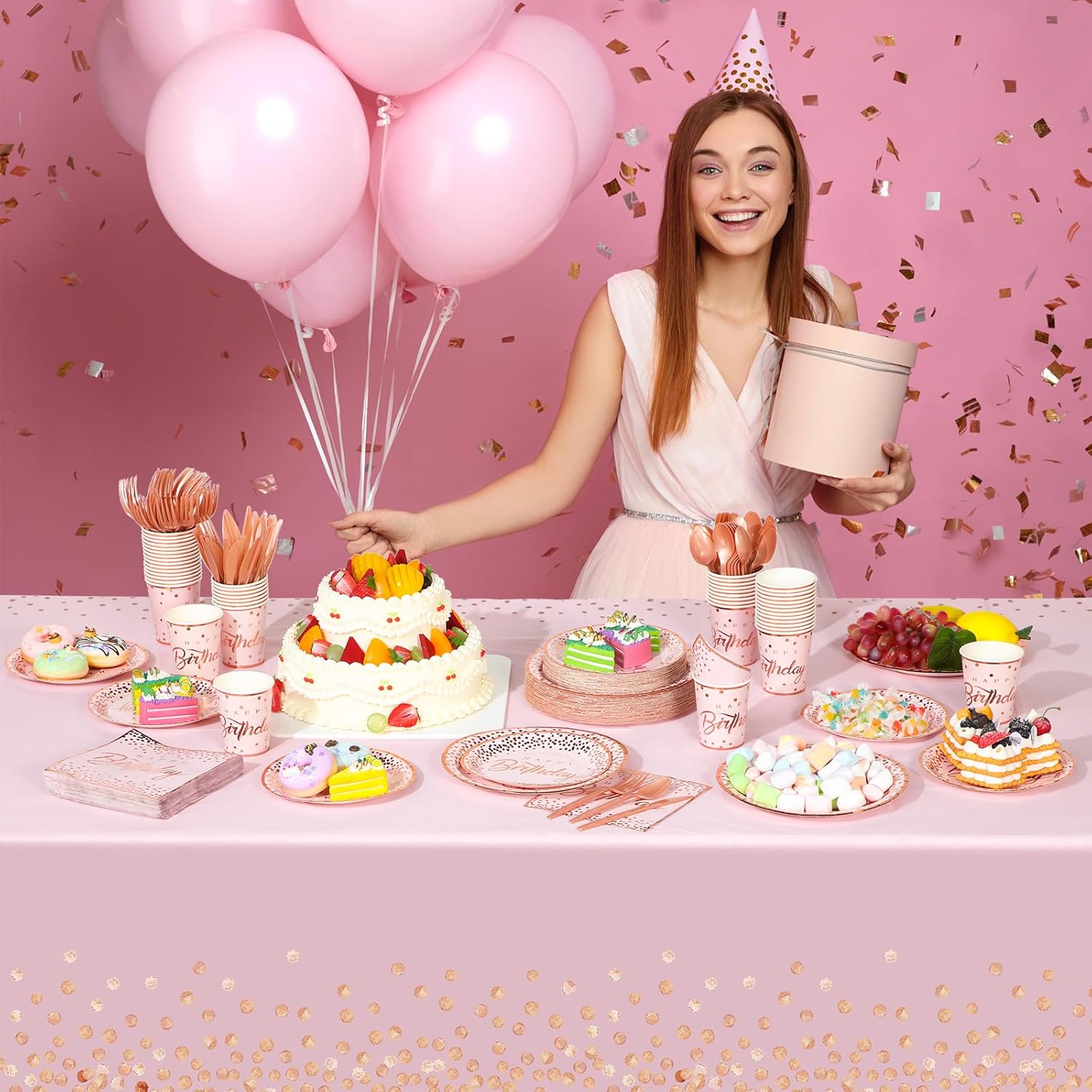 352 Pcs Pink and Rose Gold Birthday Party Supplies Severs 50 Guests Paper Plates Cups Napkins, Plastic Tablecloths Forks Knives Spoons Pink Disposable Dinnerware Set for Baby Shower Birthday Wedding