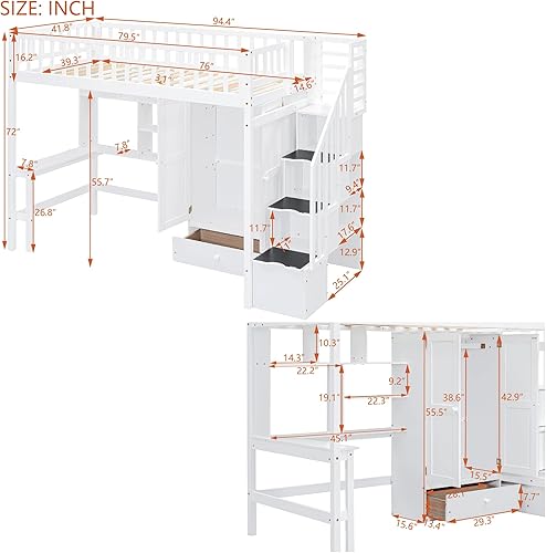 Miniatura 2 de Twin Size Loft Bed Wood Bed Frame with Bookshelf Drawers Desk and Wardrobe White