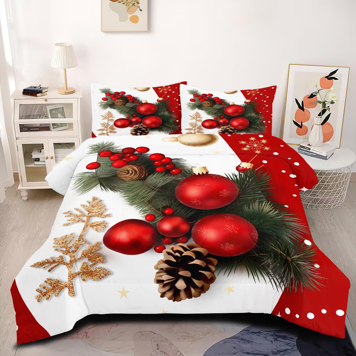White Red Christmas Comforter Set King Size,Christmas Trees Bedding Set for Adult,Merry Christmas Festival Decor Comforter,3Pices Soft Microfiber Comforter with 2 Pillowcases