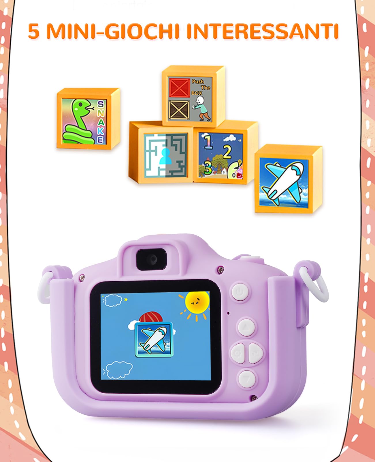 Fotocamera Digitale Bambini 1080P IPS 2.0" 44 Cornici 5 Giochi Educativi Gattino
