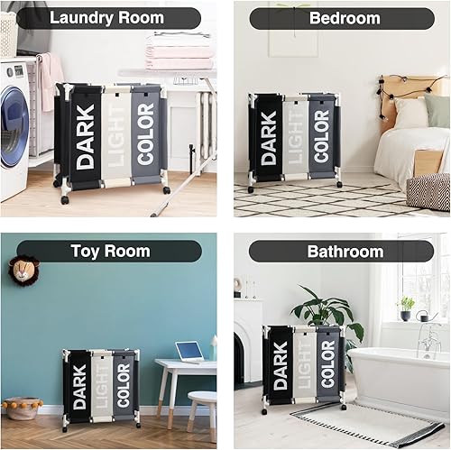 Miniatura 7 de Cesta clasificadora de ropa sucia de 3 secciones con ruedas rodantes, carrito organizador de lavandería para baño, dormitorio, guardería (blanco +