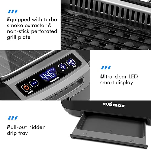 Miniatura 3 de CUSIMAX Parrilla de interior sin humo, parrilla eléctrica de 1500 W con pantalla inteligente LED y tapa de vidrio templado, placa de parrilla