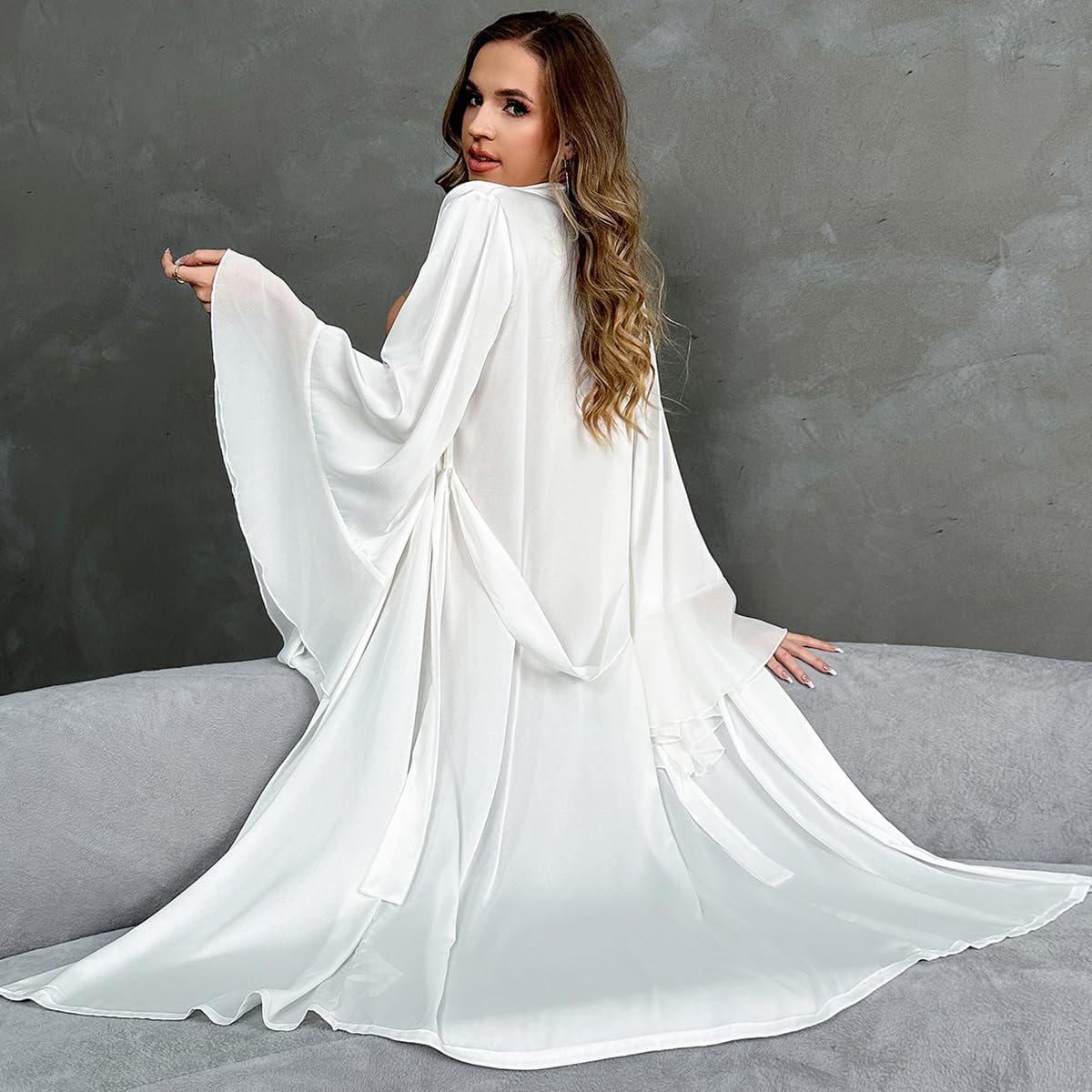 Bridal Satin Robe, White Long Sleeve Sleepwear – Women's Lightweight Sleepwear for Wedding, Spa & Home - Image 2