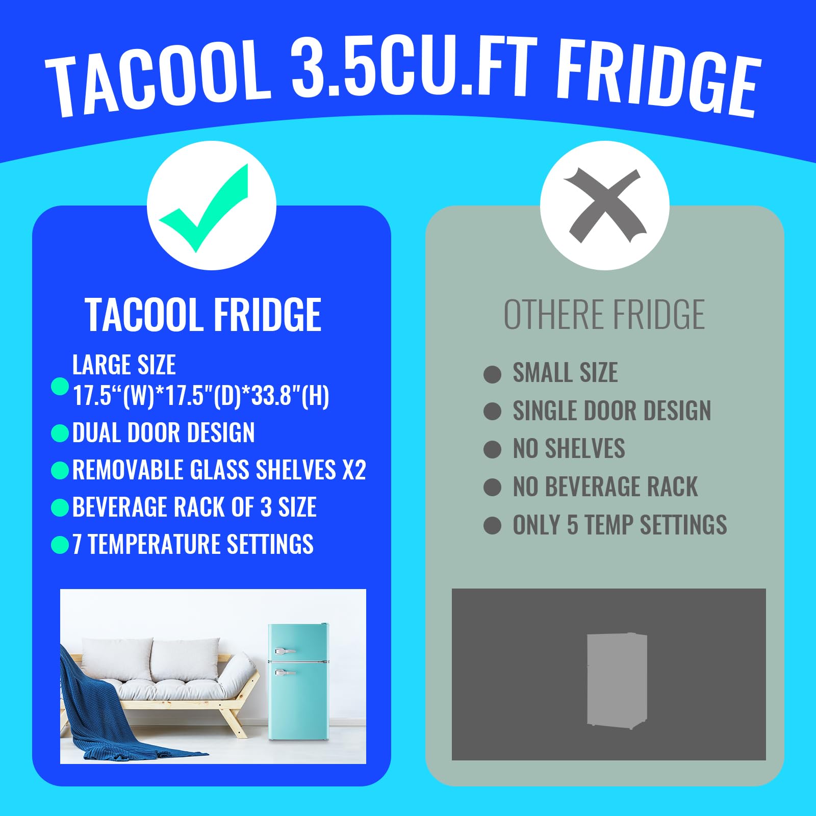 Small Refrigerator With Freezer Double Door Mini Fridge Adjustable Glass Shelves, Detachable Handle,7 Level Temperature Control Fridge For Dorm, Office, Apartment Blue on Fridge.com - View 5