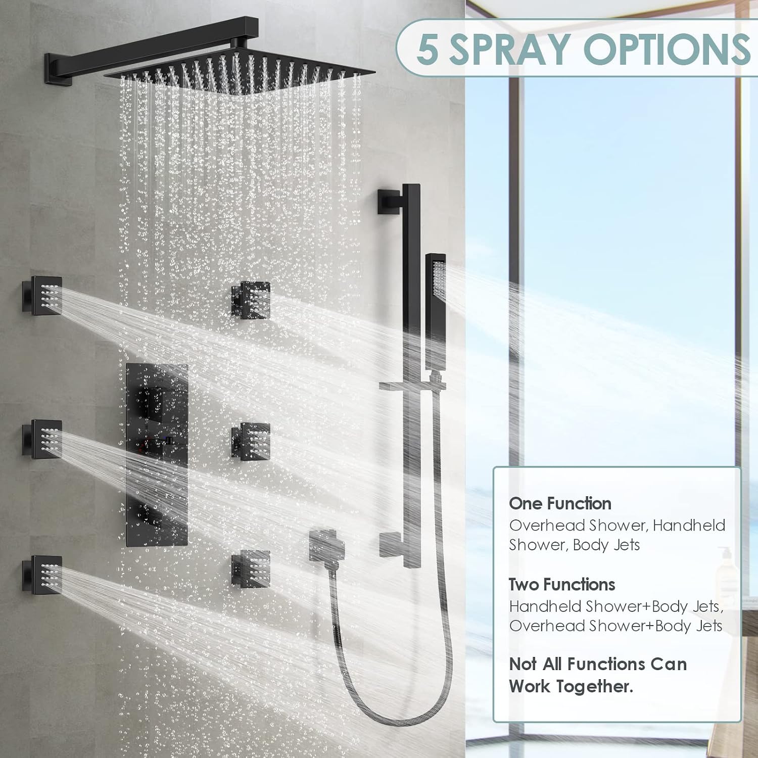 Rainfall Shower System with Body Jets: Aposhion 12 Inch Rain Shower Head with Handheld Sprayer & 6 Massage Body Jets for Bathroom, Wall Mount Thermostatic Shower Faucet Set with Valve, Matte Black