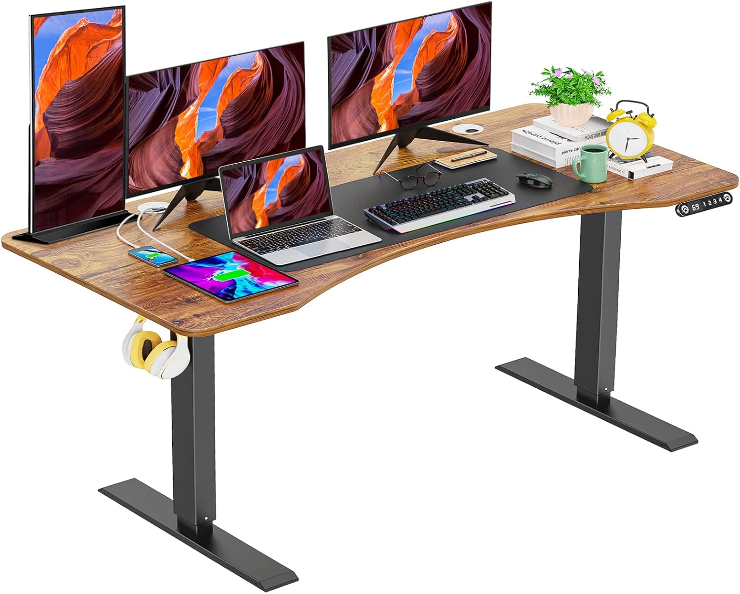 farexon 59 x 24 inch Electric Height Adjustable Standing Desk, Sit Stand Desk with Ergonomic Curved Workstation, Oversized Mouse Pad, Four Preset Heights, 27''-45'' Lifting Range Stand up Desk(Brown)