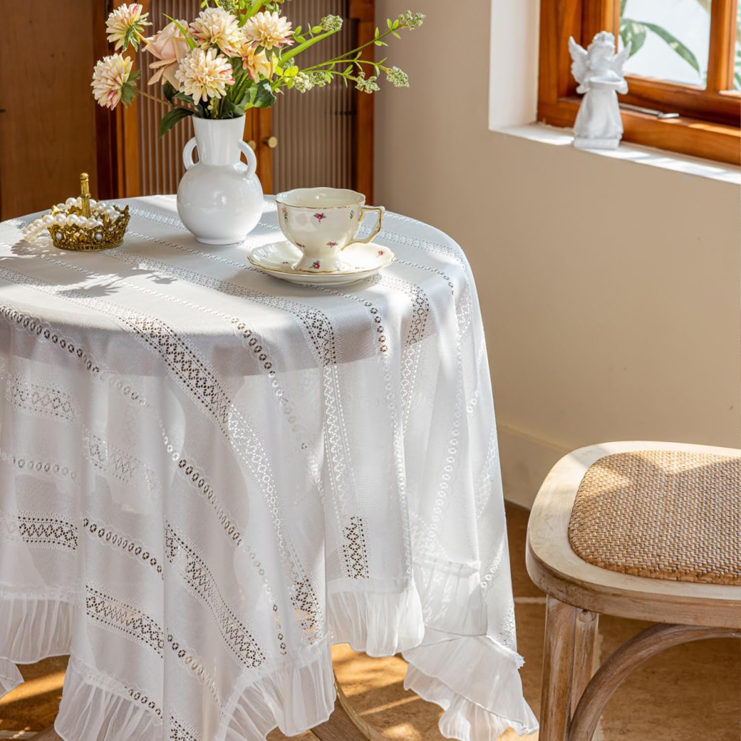 FOELANNE Embroidered Lace Tablecloth, Square Lace Tablecloth, Embroidered Floral, Ruffle Edge, Multiple Sizes(Style3,90x90cm)