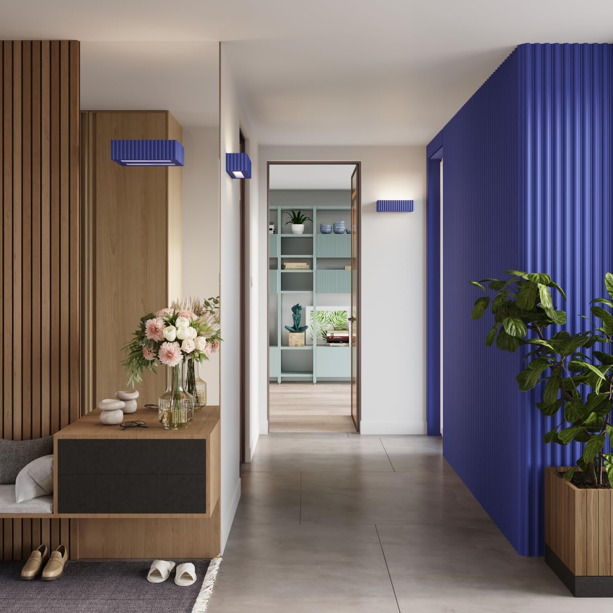 SOLLUX lighting Applique da Interno - Lampada da Parete Ceramica - 1 Paralume - Lampada LED Lampadina - Blu Ultramarino Rigata