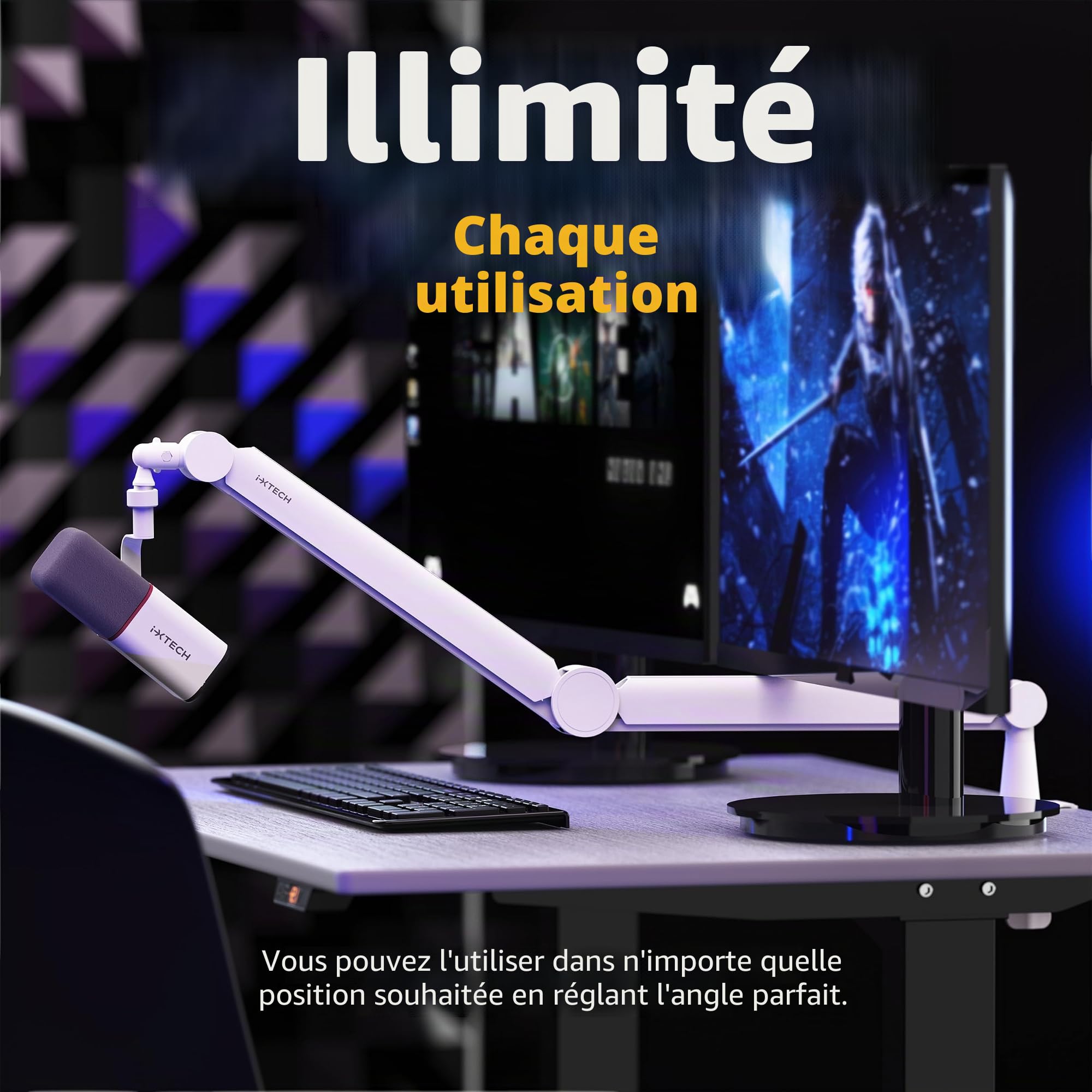 IXTECH Bras de microphone blanc premium, bras de perche rotatif à 360° avec support de bureau, entièrement réglable, robuste et universel, modèle VALIANT WHITE