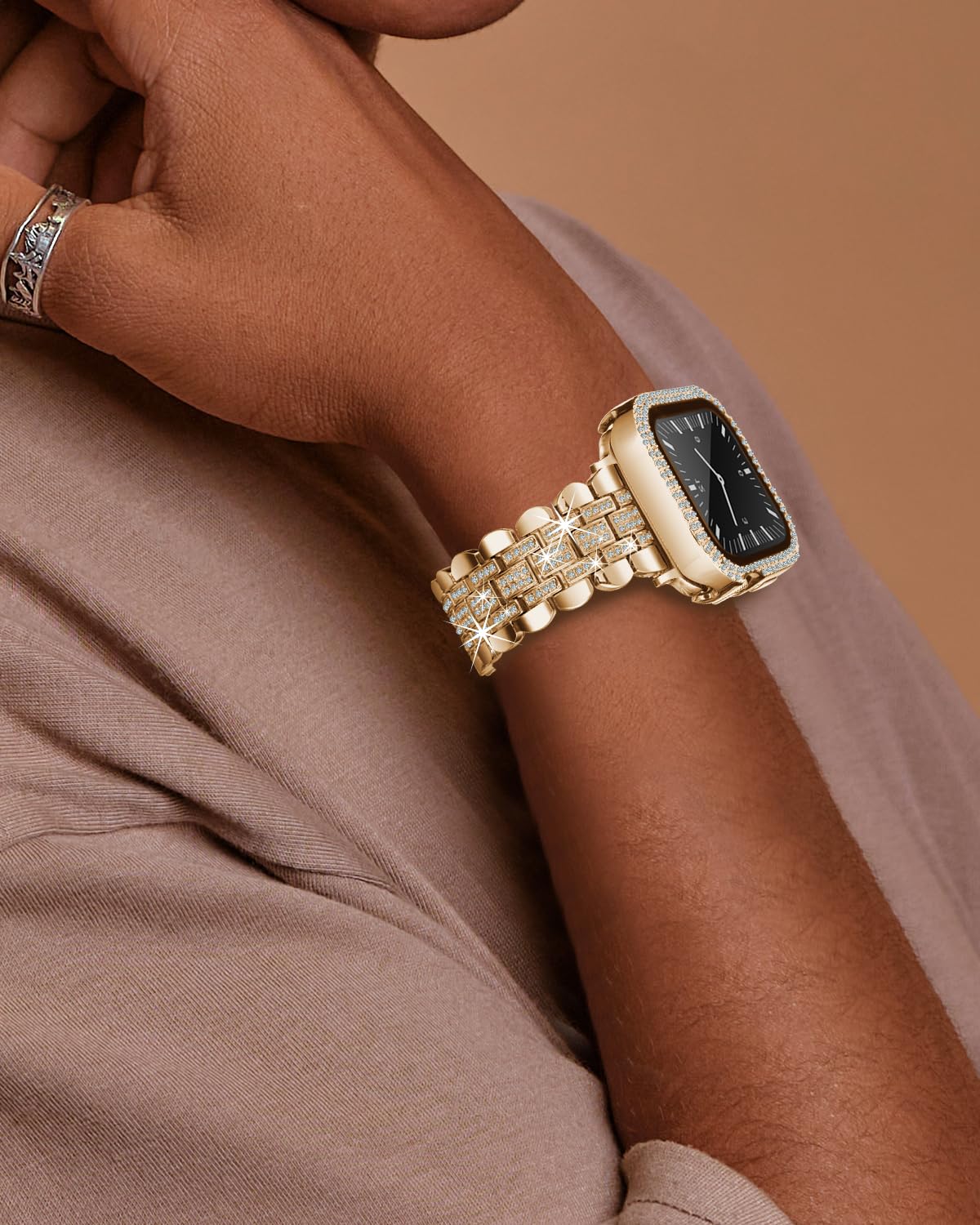 Bracelet de montre bling compatible avec Apple Watch 38 mm, 40 mm, 41 mm, 42 mm, 44 mm, 45 mm, bracelet de rechange en métal avec coque de protection en cristal pour femme