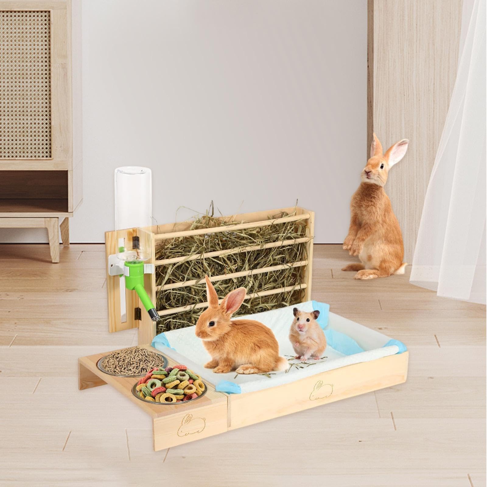 Comedero de con Arenero, Comedero de de Madera con 2 Y para Cobayas, Chinchillas Y Conejos.