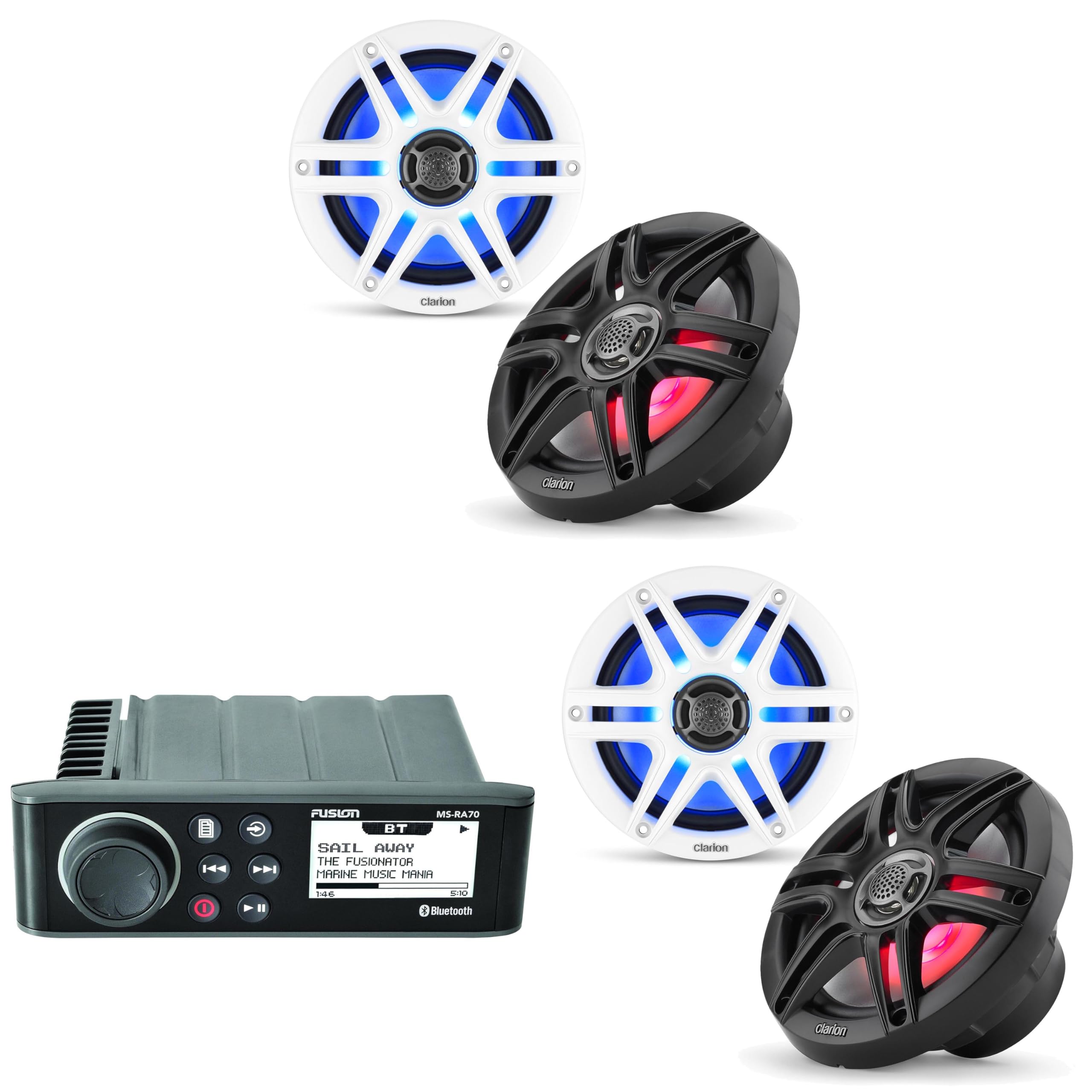 Fusion MS-RA70 Source Unit w/ (2 Pair) Clarion CMS-651RGB-SWB 6.5-inch Coaxial Marine Speakers with Built-in RGB Illumination (Includes White & Black Sport Grilles)