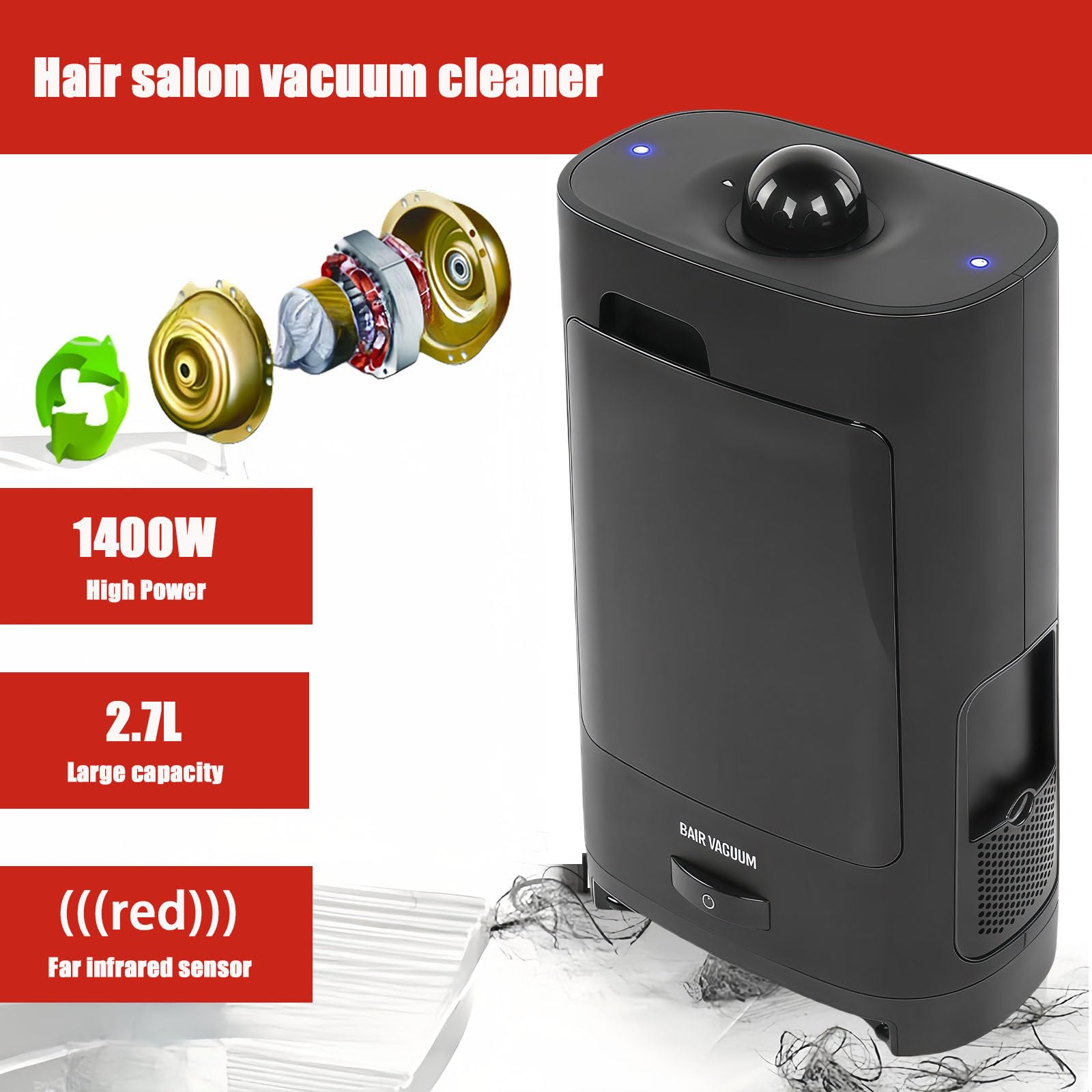 Aspiradora para Pelo De Mascotas, Aspiradora para Peluquería, Aspiradora Sin Contacto De 1400 W con Depósito De 2,7 L, Luz Led Y Filtro