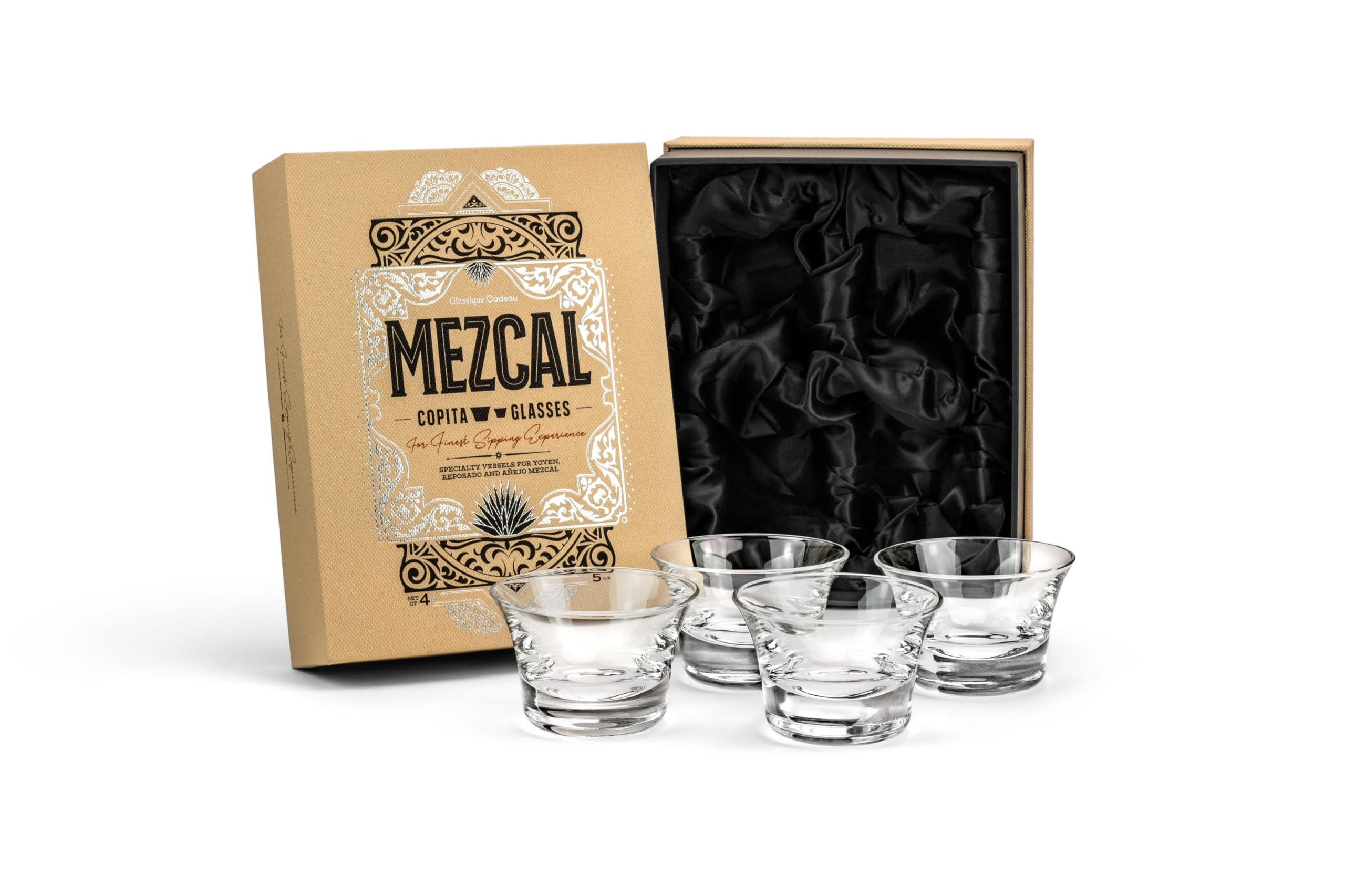 Mezcal and Spirits Sipping Glasses | Tequila Tasting Collection | Set of 4 | 150 ml Crystal Tasting and Drinking Glassware Copitas for Joven, Reposado, Anejo Mezcals | Stemless Liquor Sippers