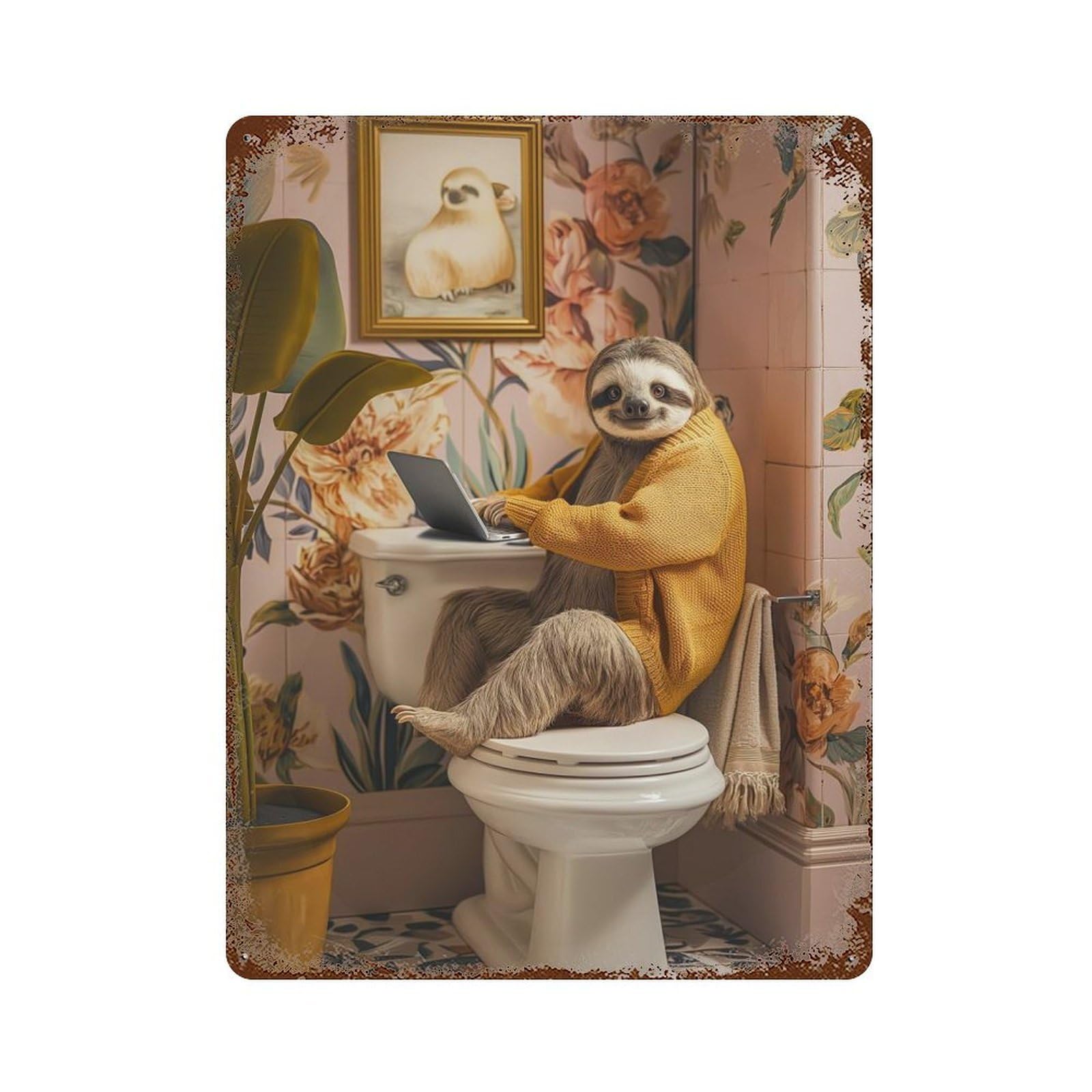 Vintage Rust Metal Sign with Sloth Funny Toilet Laptop Design 15.7"x11.8", for Garage, Bar And Workshop Decor, Retro Wall Decor
