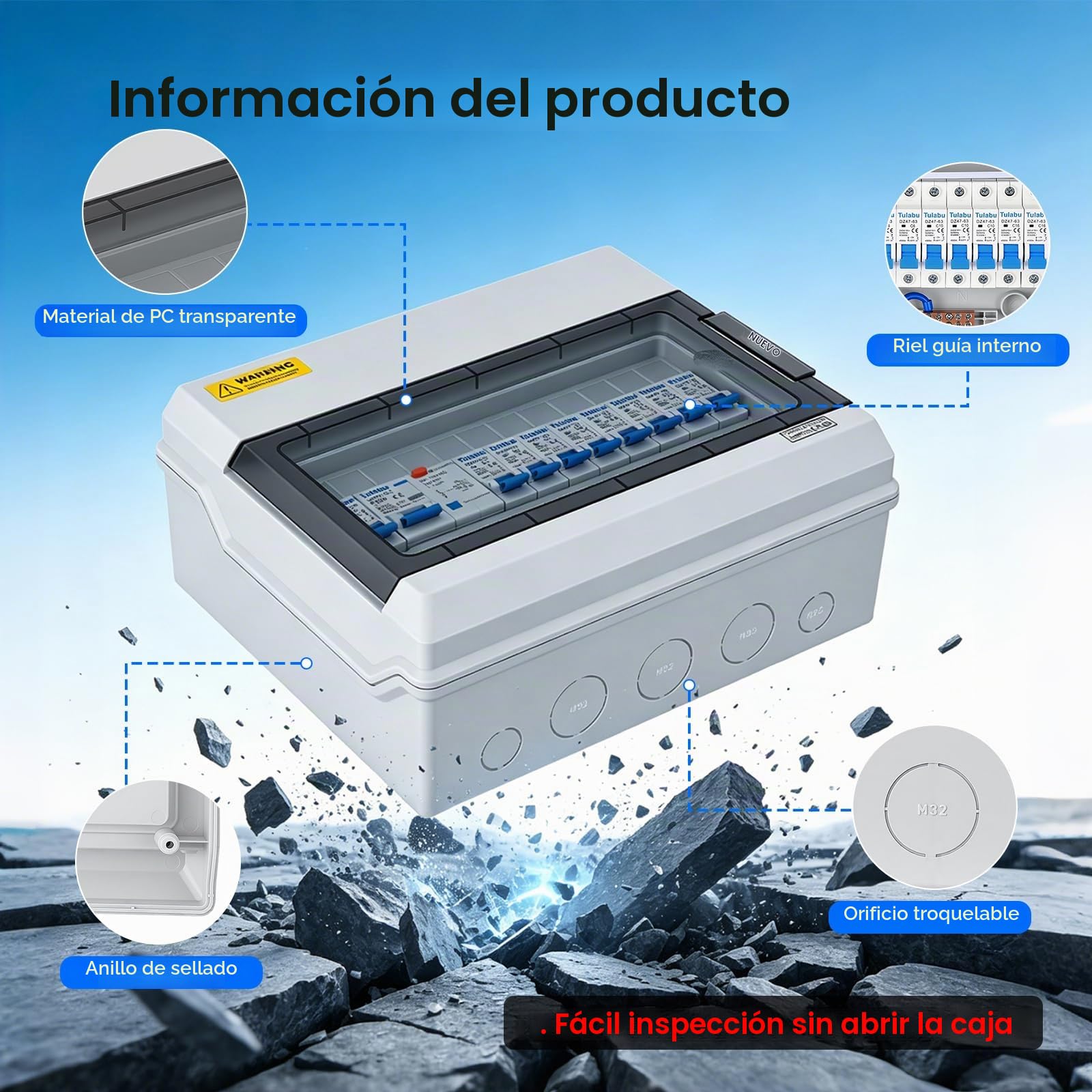 Caja de fusibles de superficie, caja de distribución con interruptor diferencial FI, caja de distribución de energía IP65 para hogar/oficina/centro comercial, interruptor de alimentación de 125 A