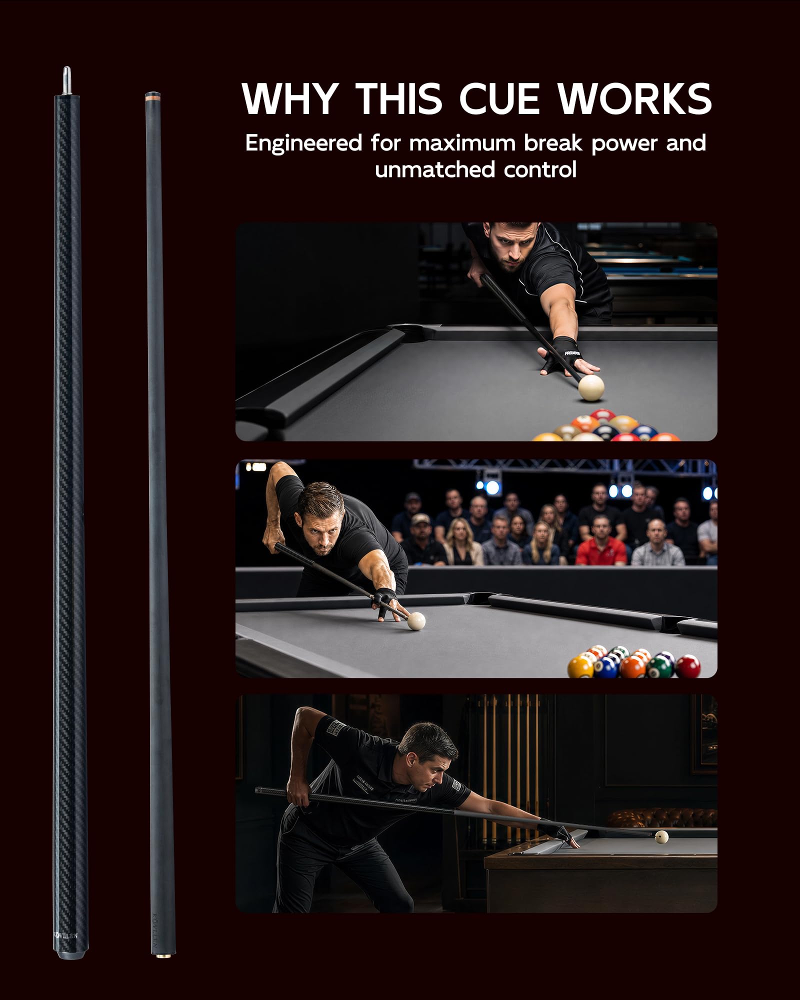 KONLLEN Queue de Billard en Fibre de Carbone avec Pointe de 12,9 mm (KL-HH, Seulement 1/2 Fendue/Autre Queue de Billard)