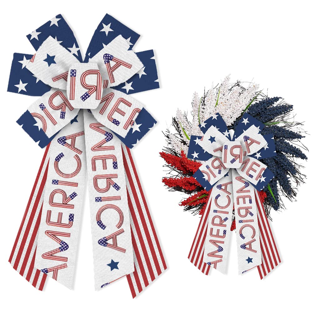 Estivaux Large 4th of July Bows for Wreath, Patriotic Wreath Bows American Stars Bow Blue Red White Burlap Craft Bow Memorial Day Farmhouse Bows for Front Door Decorations