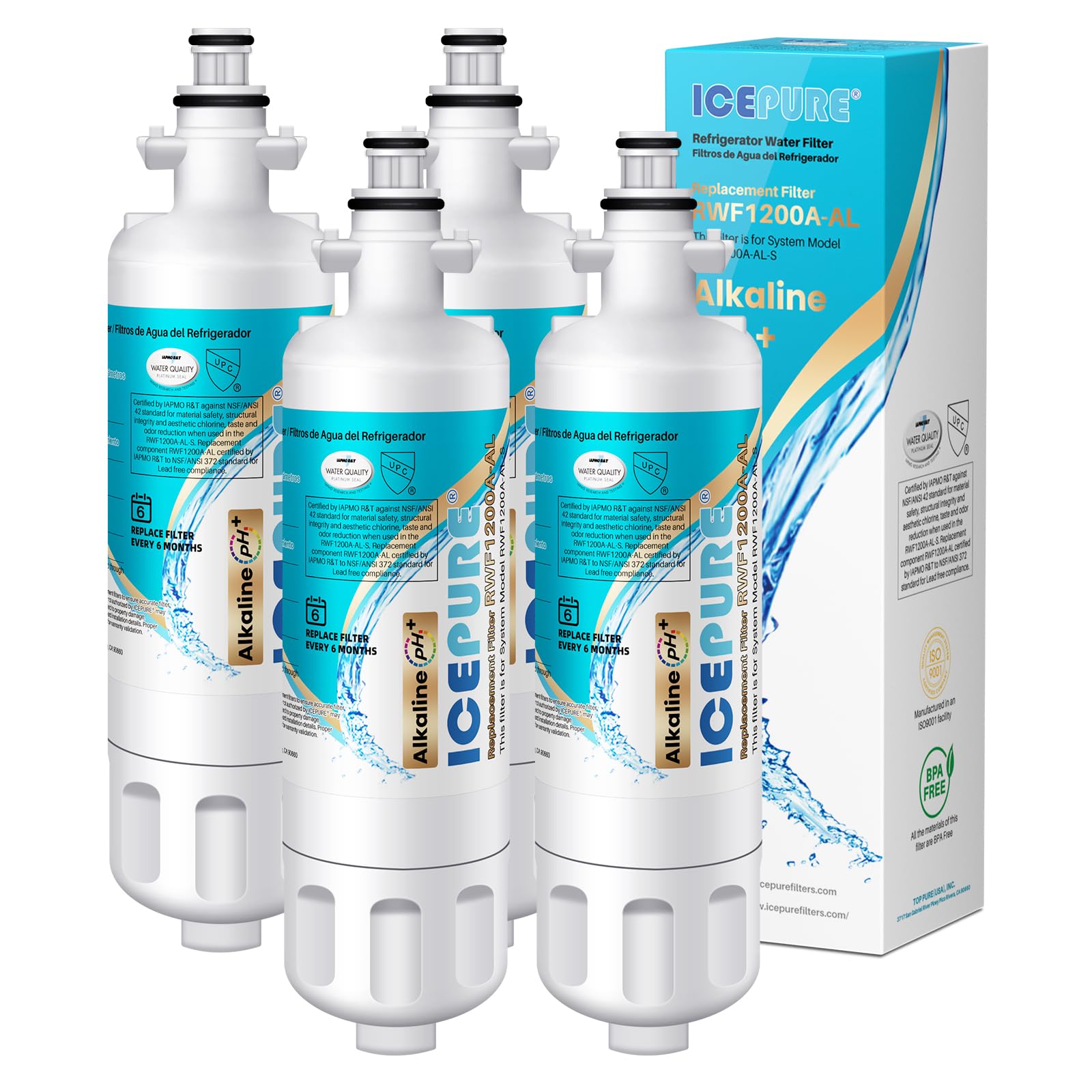 ICEPURE Alkaline ADQ36006101 Water Filter Replacement for LG LT700P,4PACK