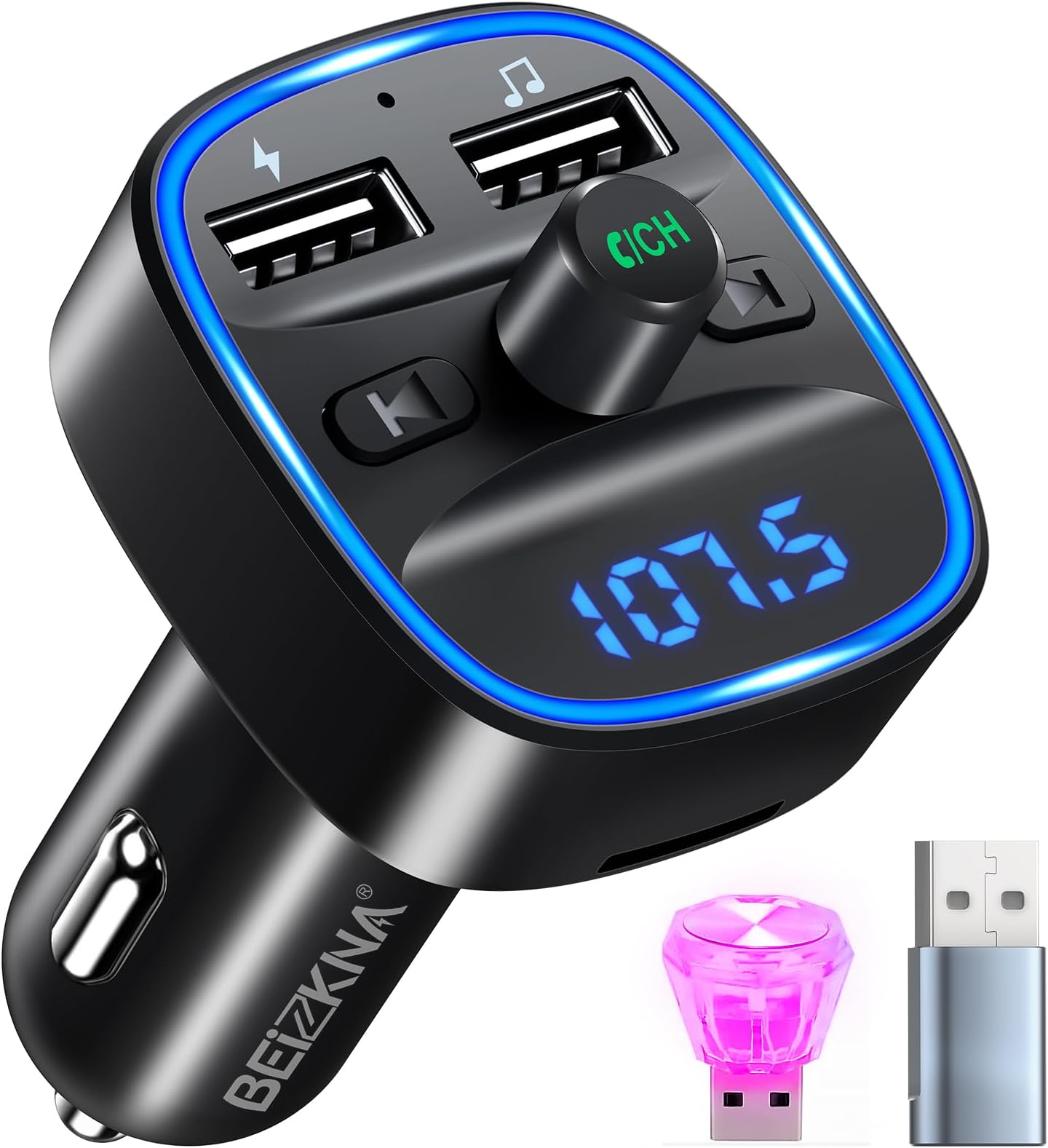 Transmisor FM Bluetooth 5.0 Para Coche Con Carga Rápida PD 20W, 2 USB, Luz LED Ambiental Y Manos Libres – Soporta TF Y Memoria USB