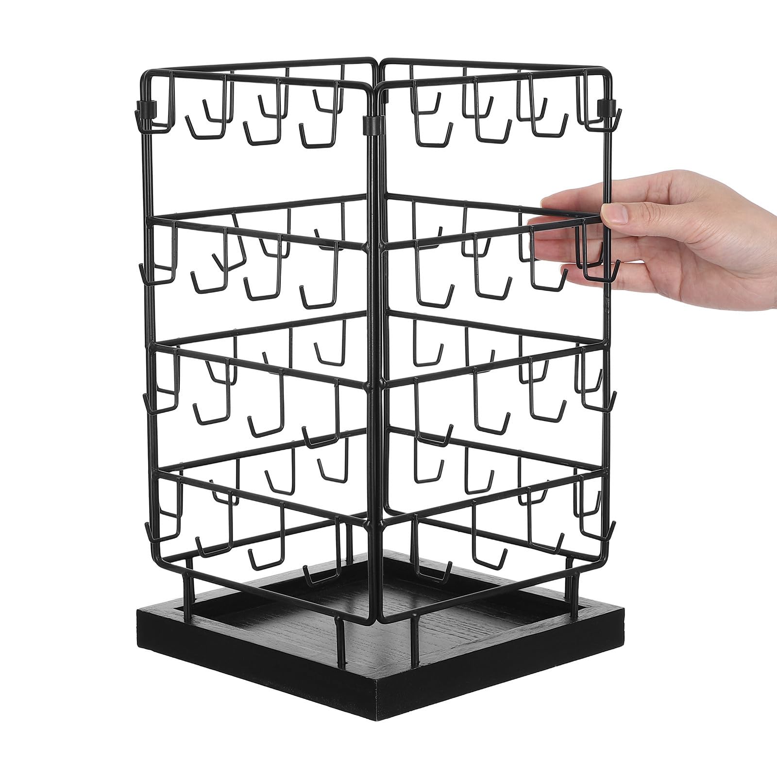 Abaodam Soporte Expositor de Joyas para Pendientes, Soporte Giratorio para Pendientes, Hierro y Madera, Negro, 64 Ganchos, Desmontable, para Joyería y Venta en Tienda