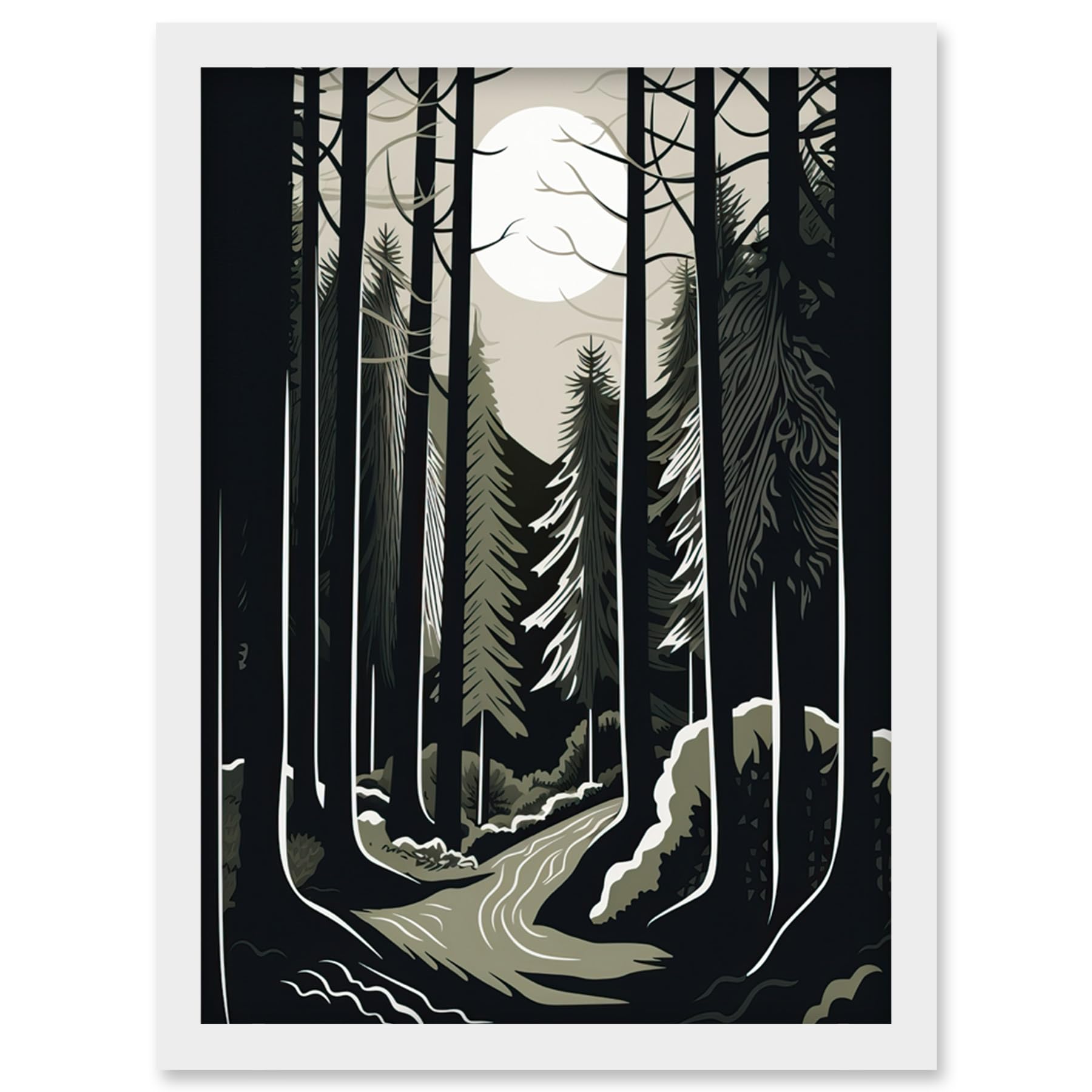 Artery8 Full Moon Night at Pine Forest Landscape Linocut Artwork Framed Wall Art Print A4